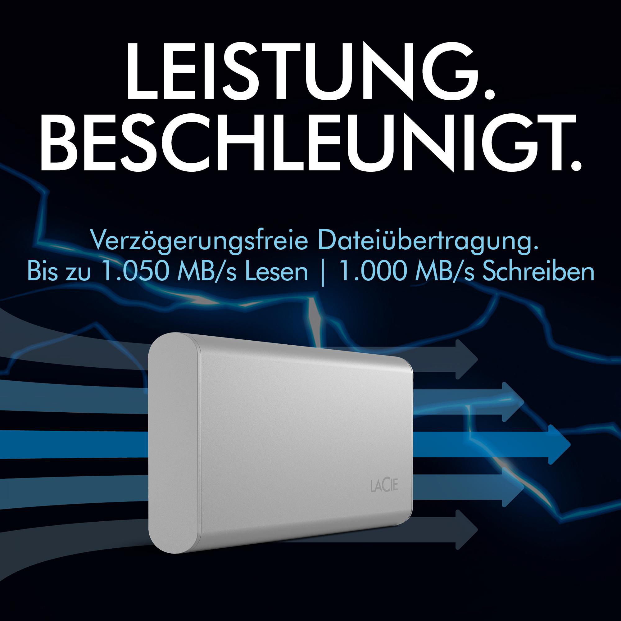 LACIE STKS1000400 Externe Festplatte, 500 GB SSD, 2,5 Zoll, extern, Silber