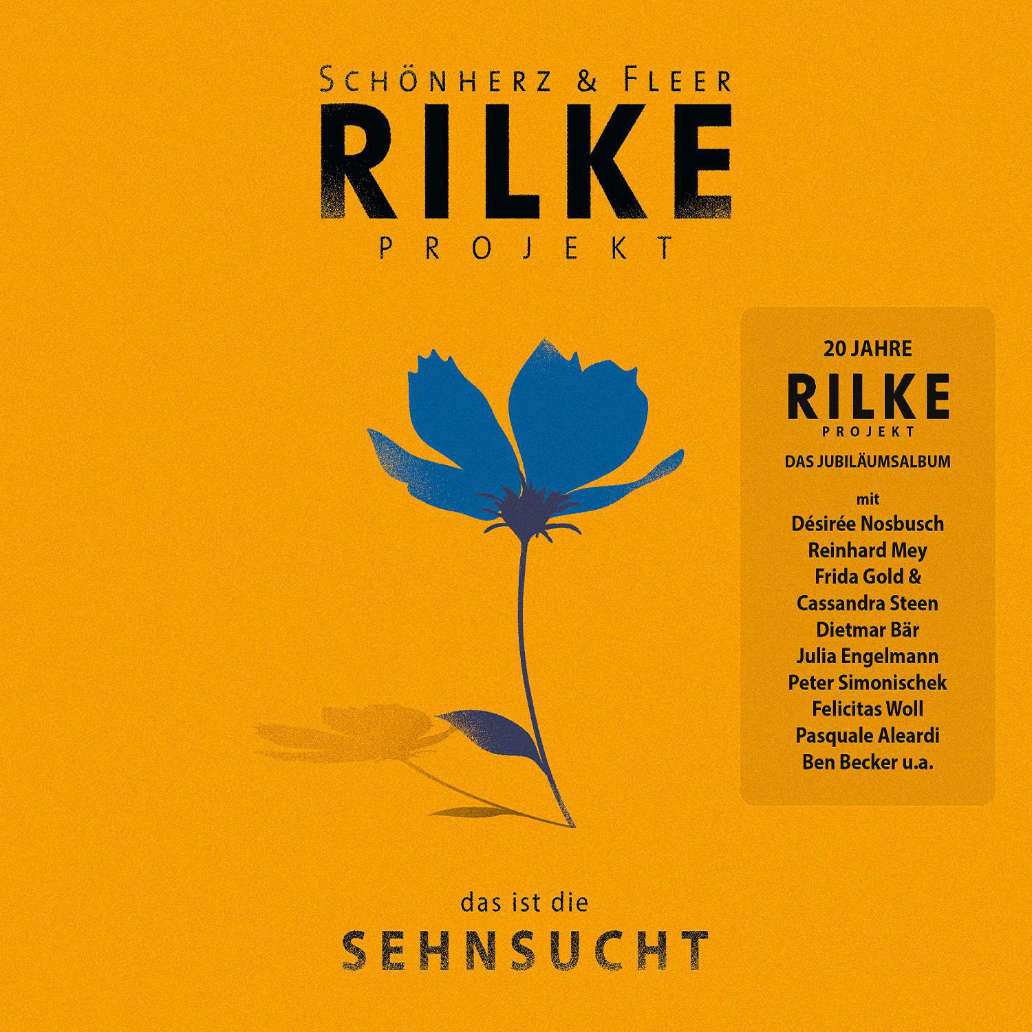 Buchcover. Oranger Hintergrund mit einer blauen Blume. Der Titel lautet 'Rilke Projekt'.