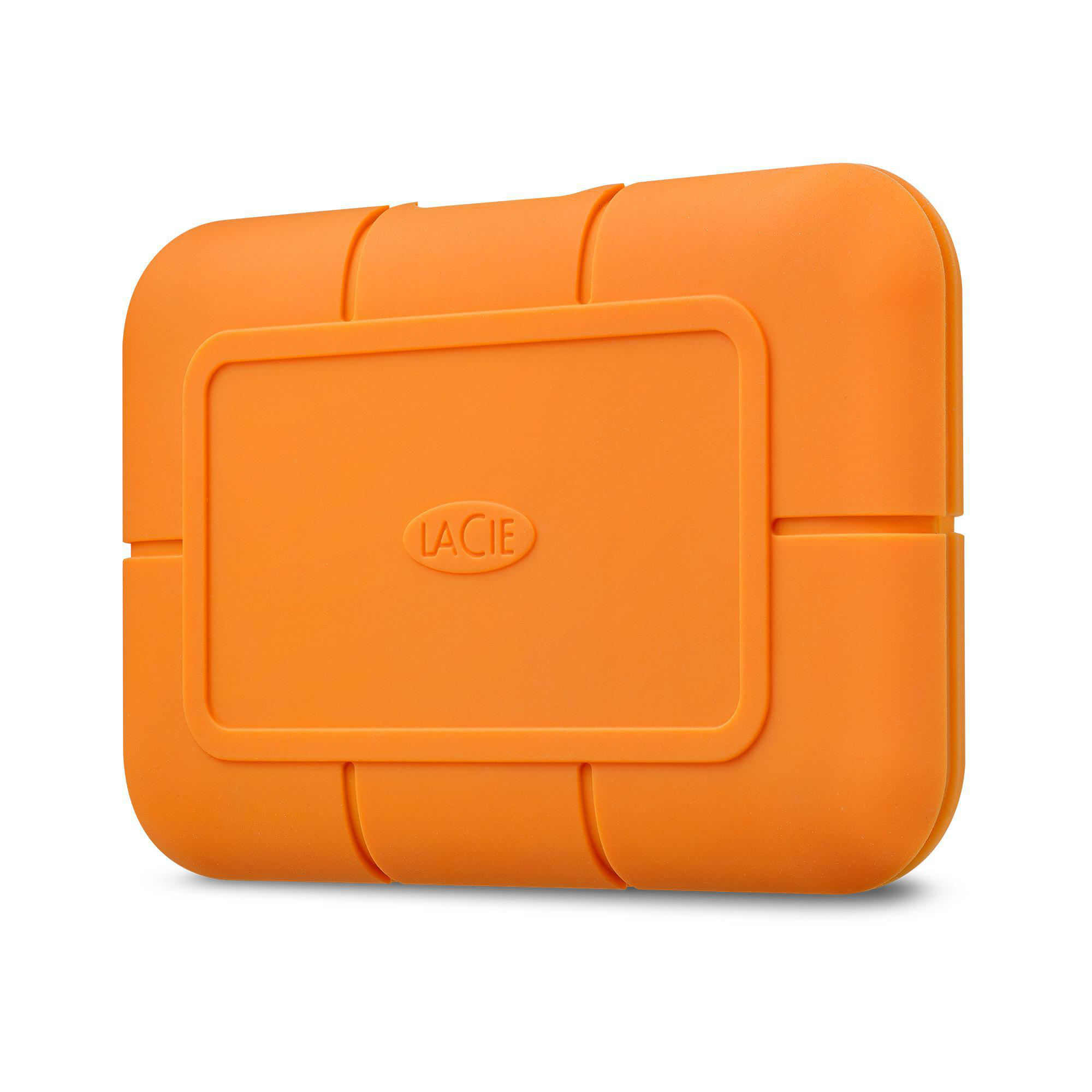 Orange externe Festplatte mit rechteckigem Design. Das LaCie Logo ist sichtbar.