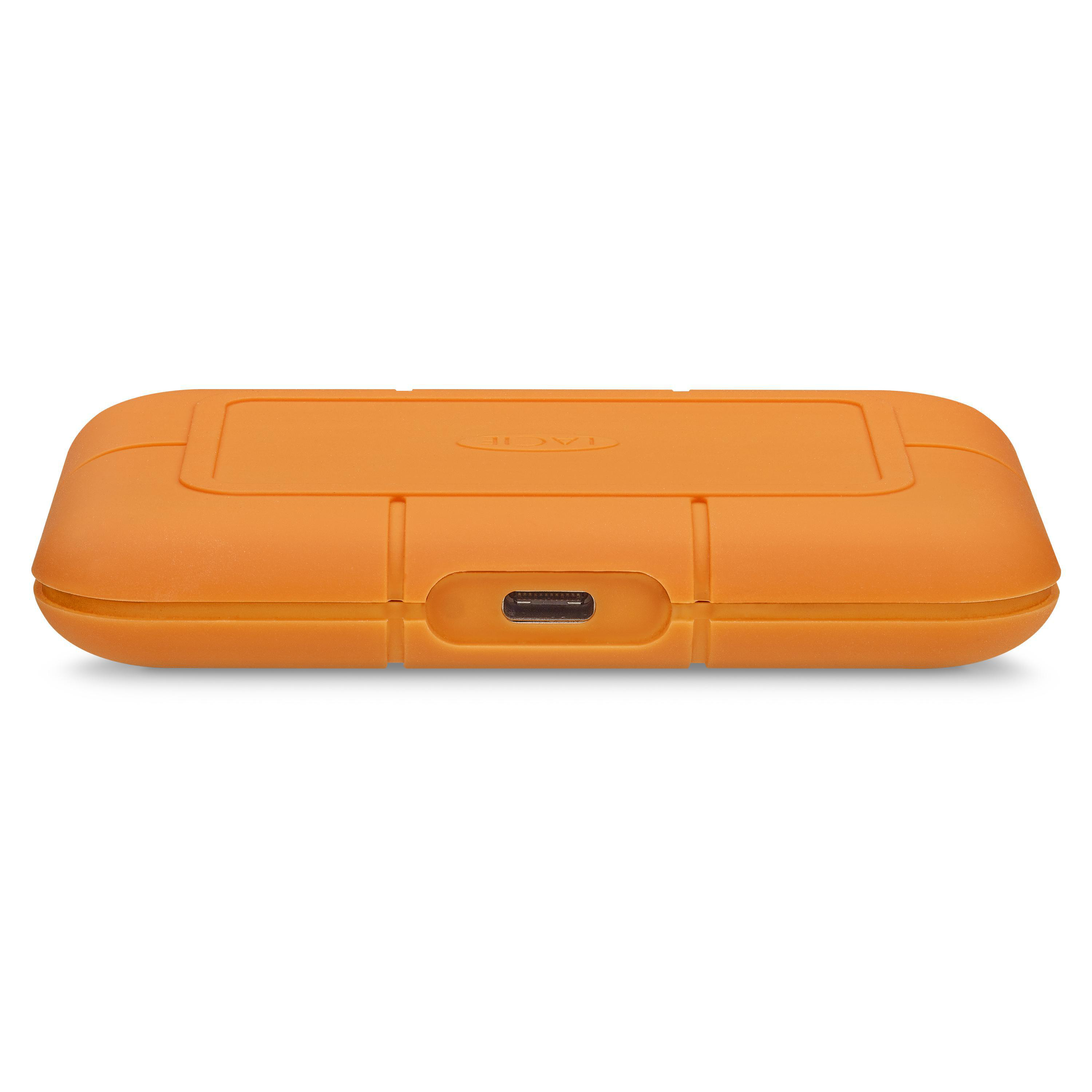 Ein orangefarbenes, rechteckiges Festplattengehäuse mit USB-Anschluss, isoliert auf Weiß.