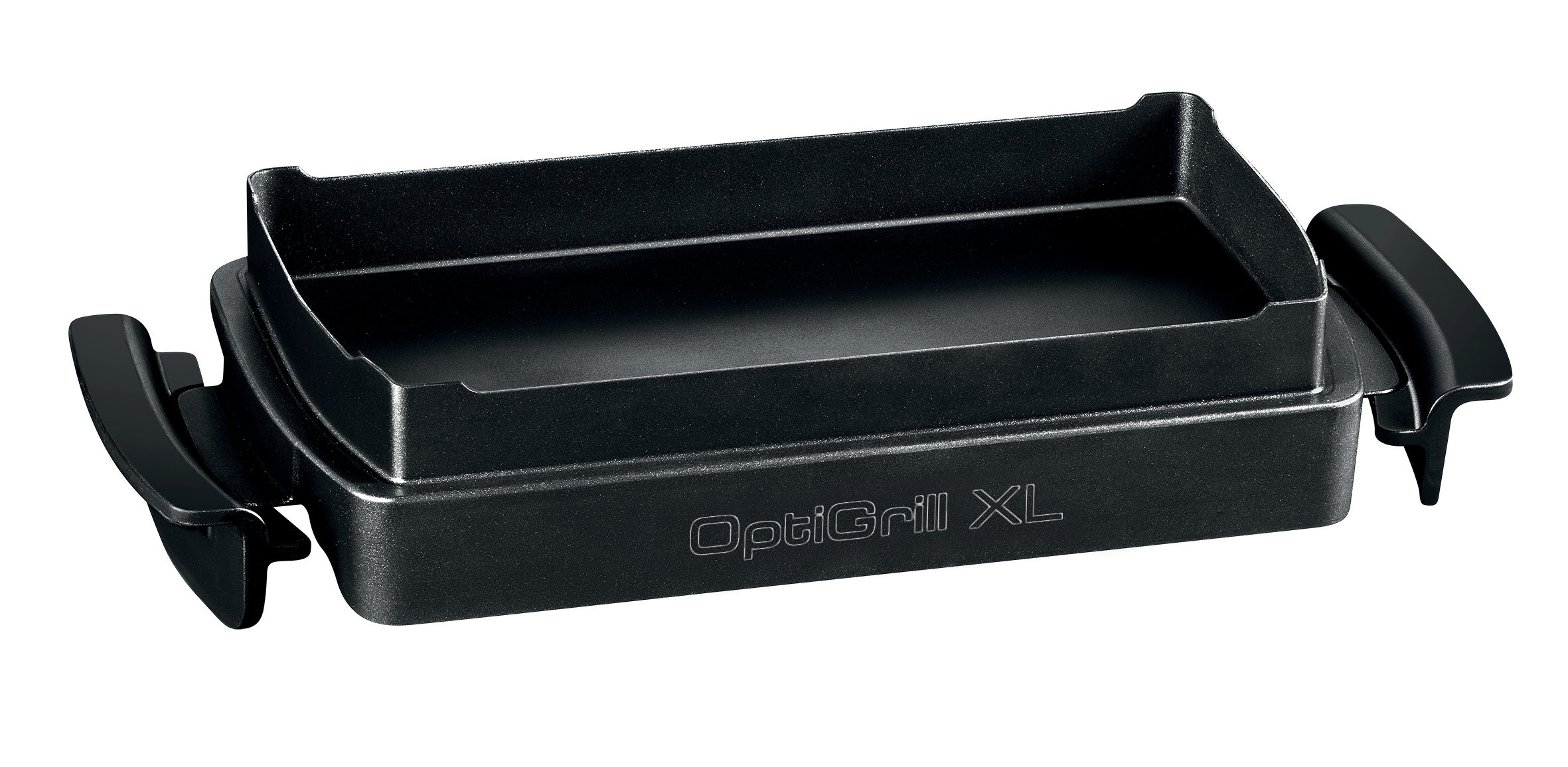 Schwarzer OptiGrill XL, ein Kochgerät, auf schwarzem Hintergrund. Es hat zwei Griffe.