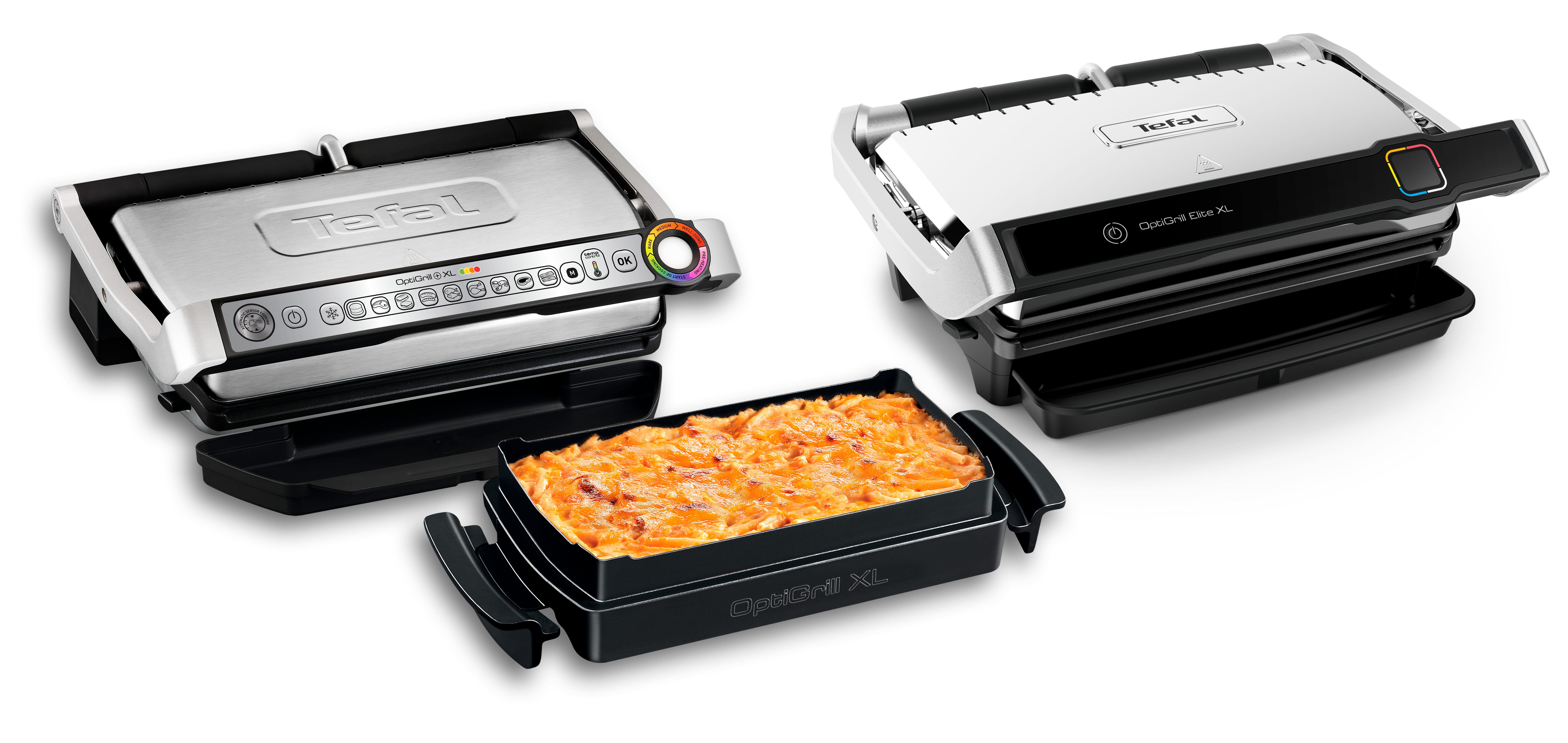 Zwei Tefal OptiGrill XLs, einer offen mit Essen drin.
