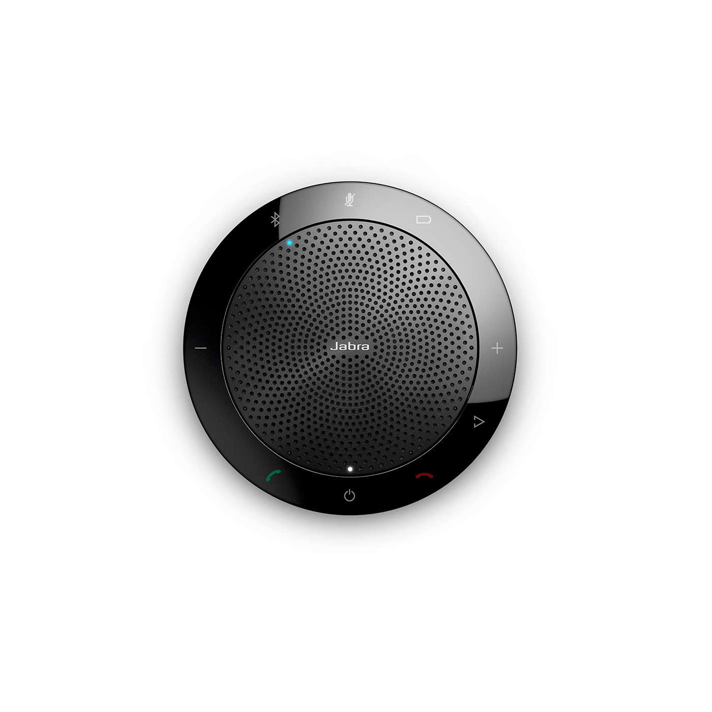 Schwarzes Jabra-Freisprechtelefon. Es hat einen Lautsprecher mit Jabra-Logo und Steuertasten.