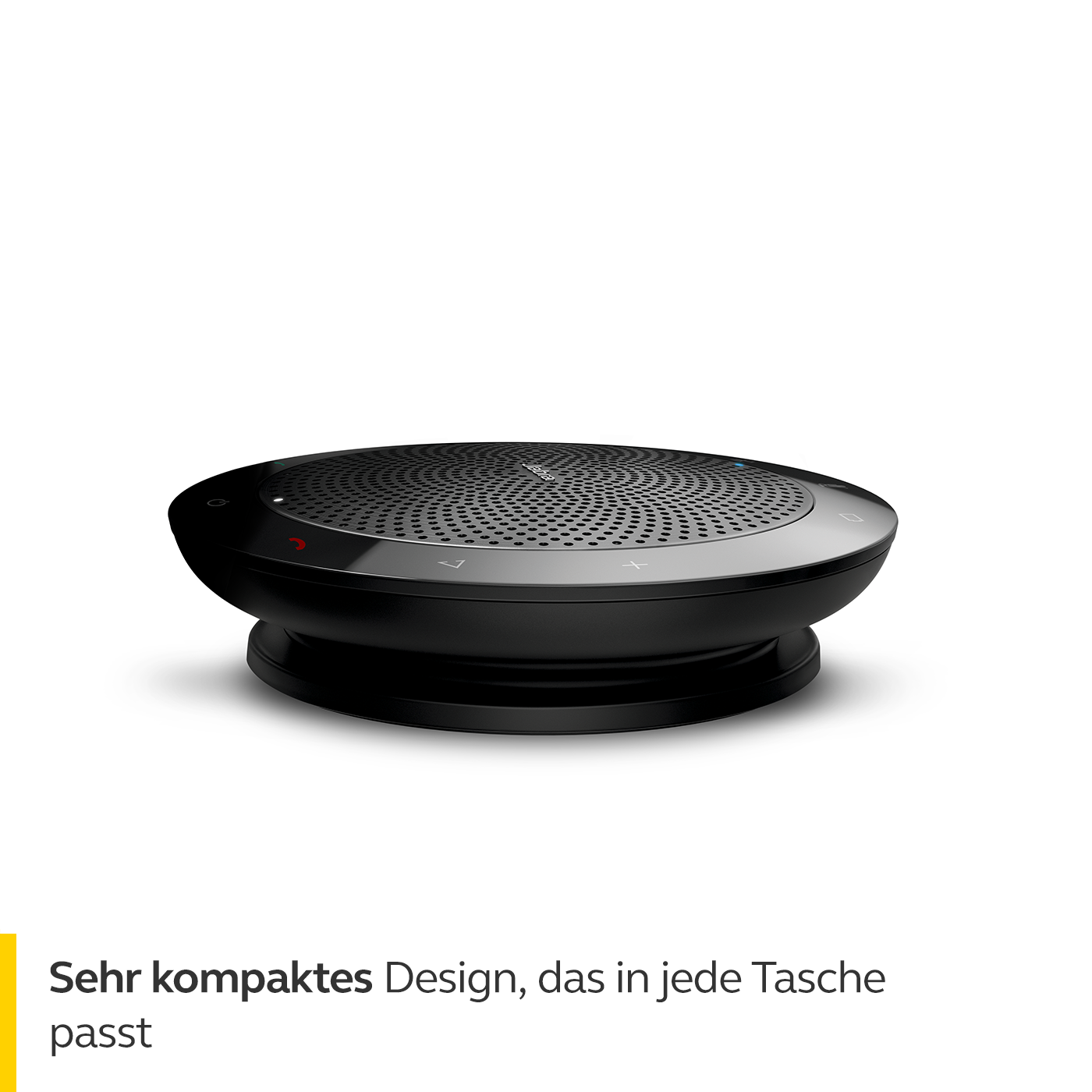 Schwarzer Jabra-Lautsprecher. Schwarzes Design mit Knöpfen oben. Weißer Hintergrund.