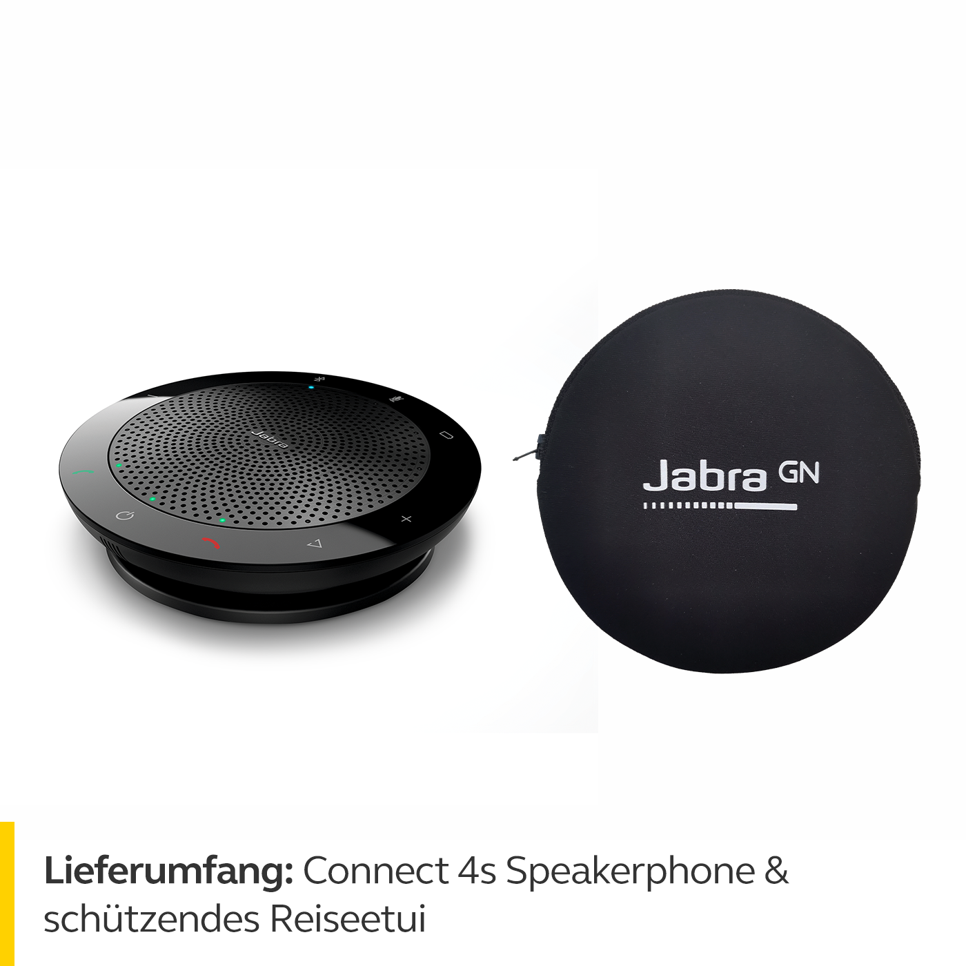 Schwarze Freisprecheinrichtung und schwarze runde Tragetasche mit Jabra-Logo. Weißer Hintergrund.
