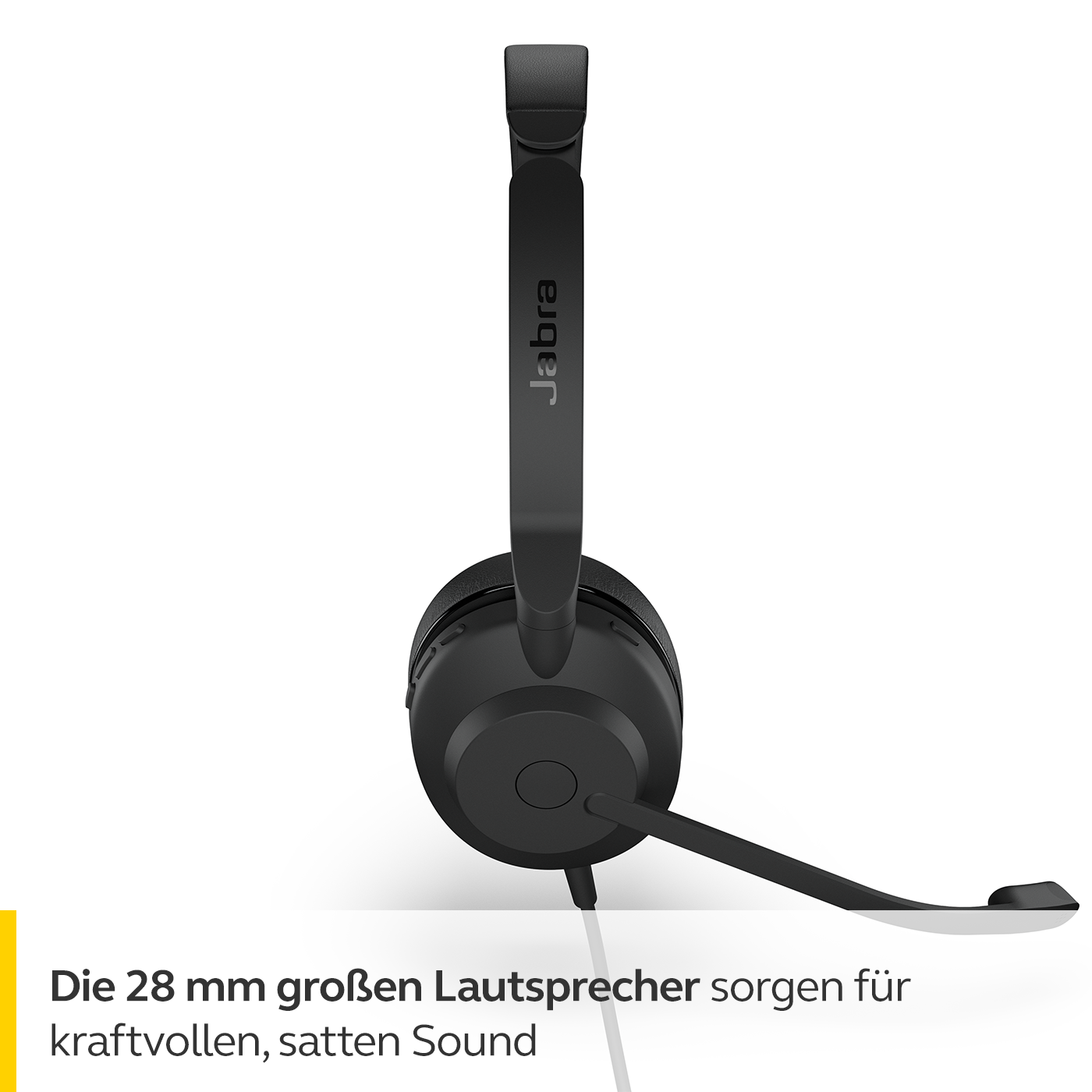 Schwarzes Jabra-Headset mit Mikrofon. Text: „Die 28 mm Lautsprecher liefern kraftvollen Sound.“