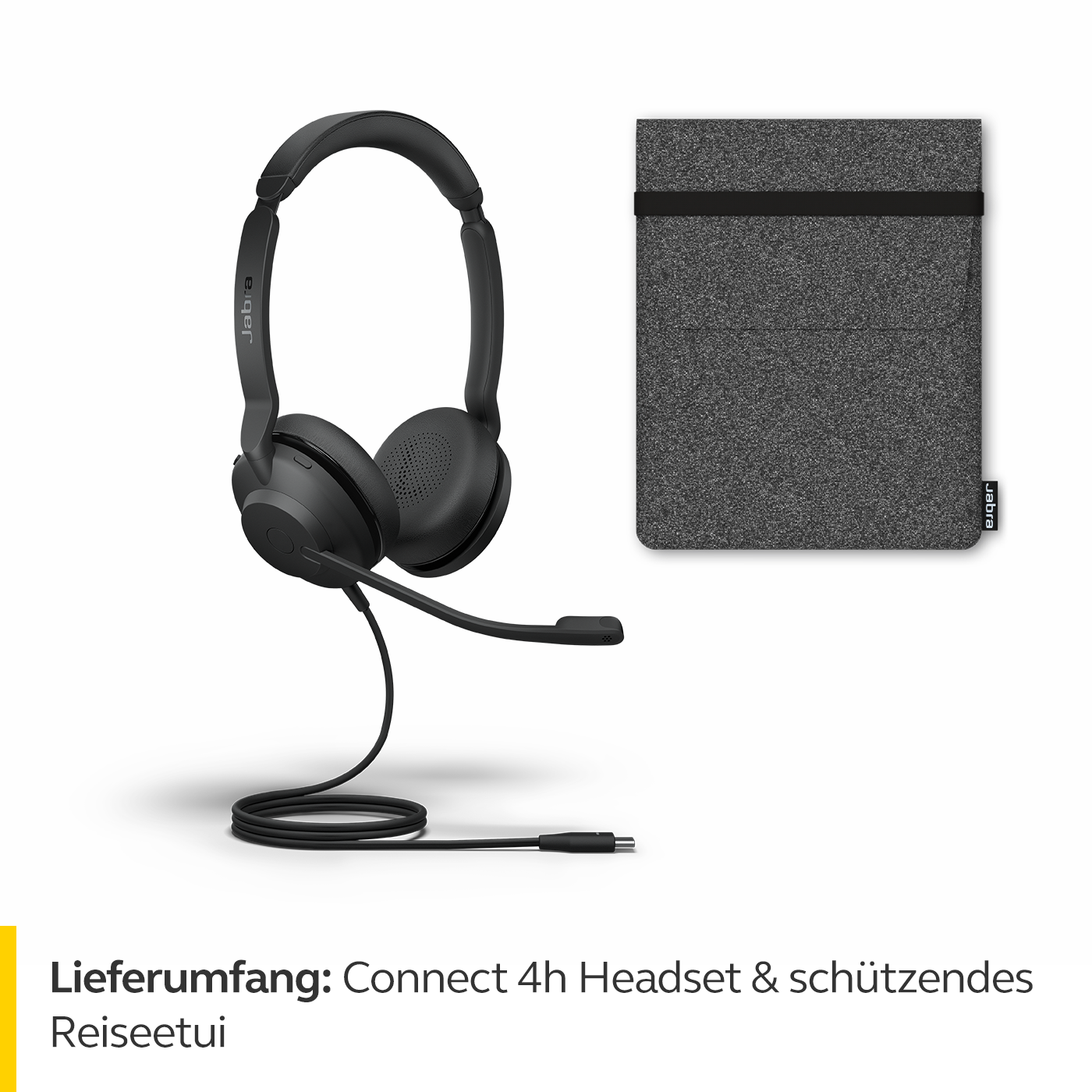 Schwarzes Headset mit Mikrofon und grauer Tragetasche auf weißem Hintergrund.