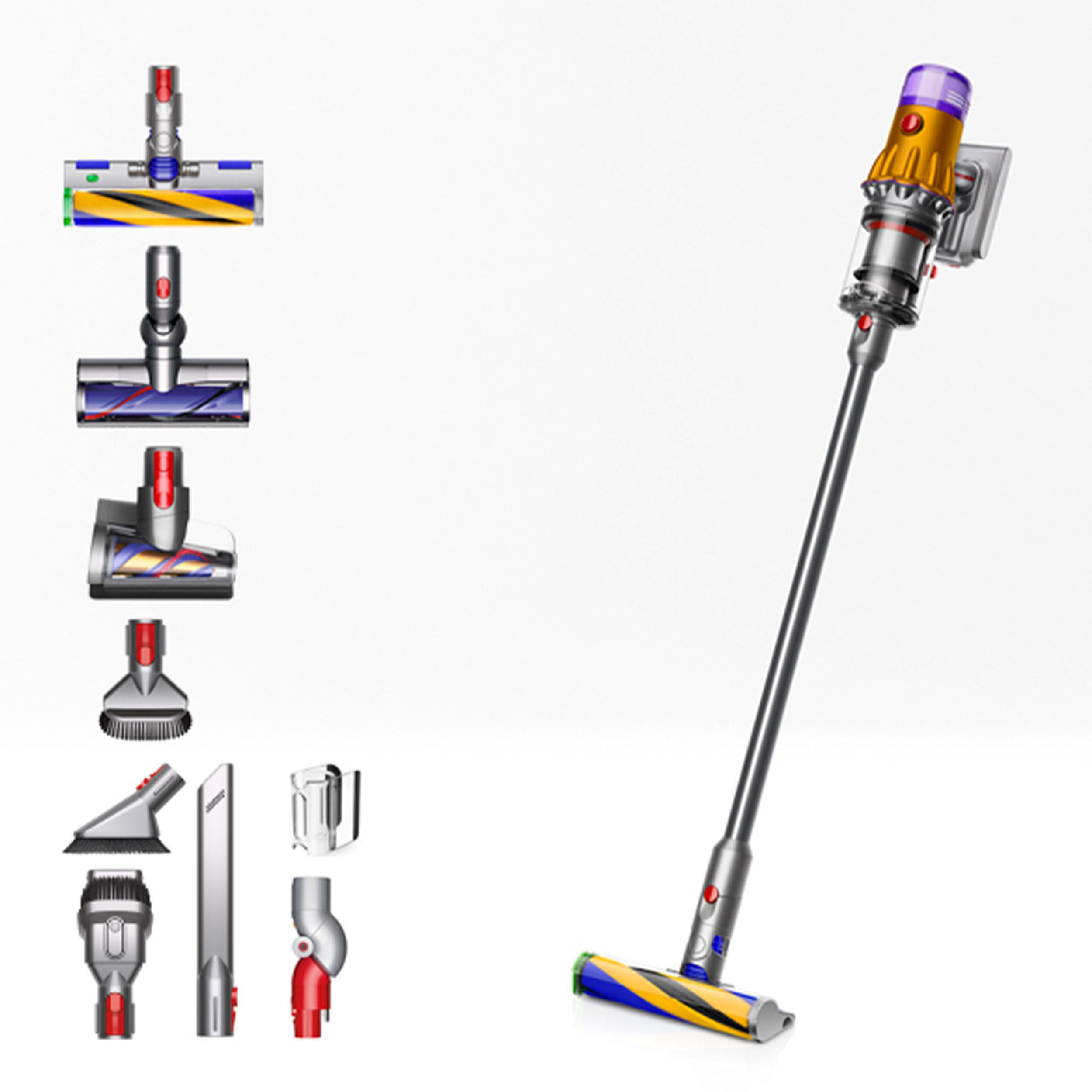 Dyson-Staubsauger mit Aufsätzen auf weißem Hintergrund. Der Staubsauger ist gelb und silber.
