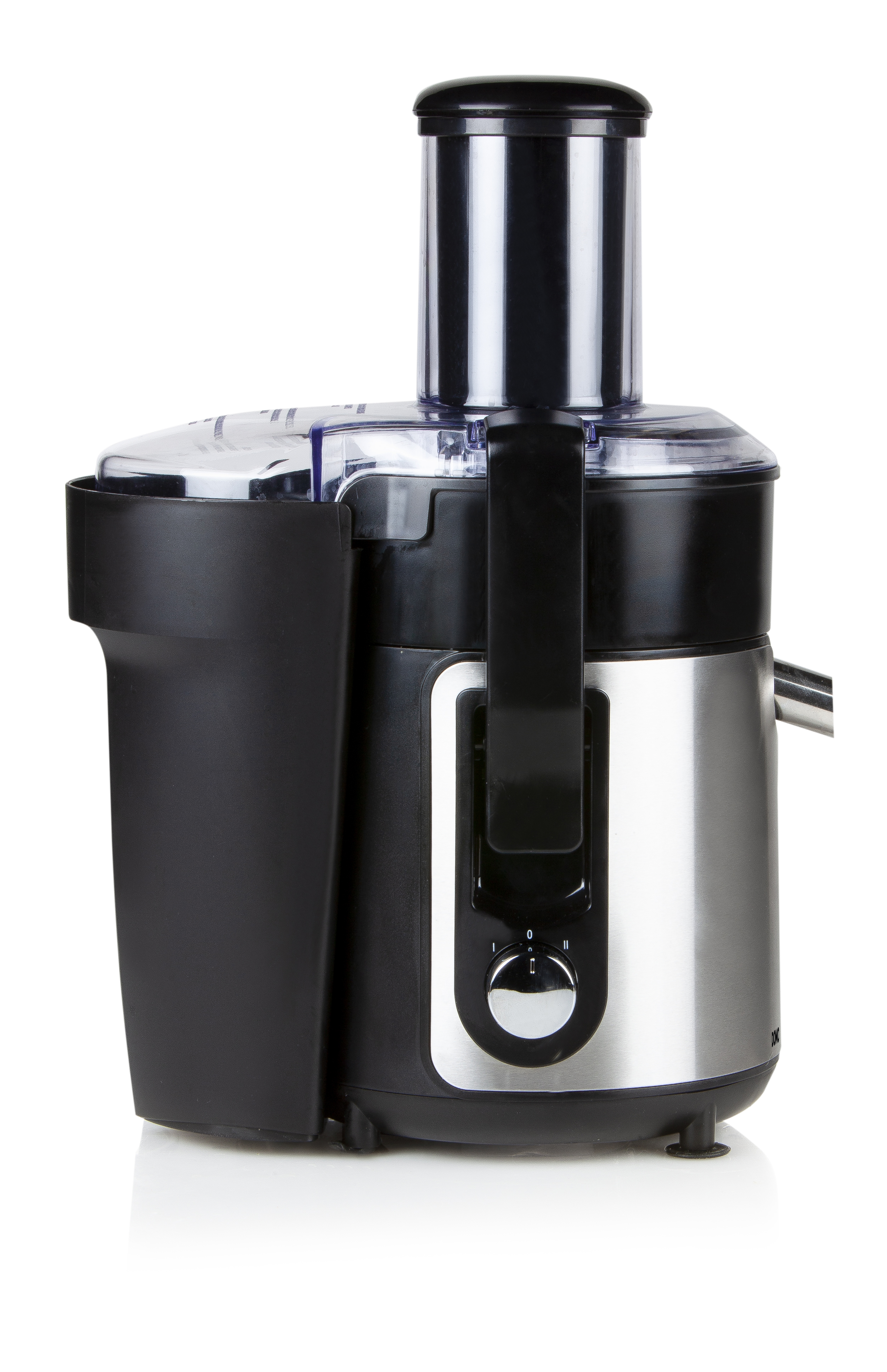 A black and silver juicer, isolated on a white surface. The design is modern and sleek.