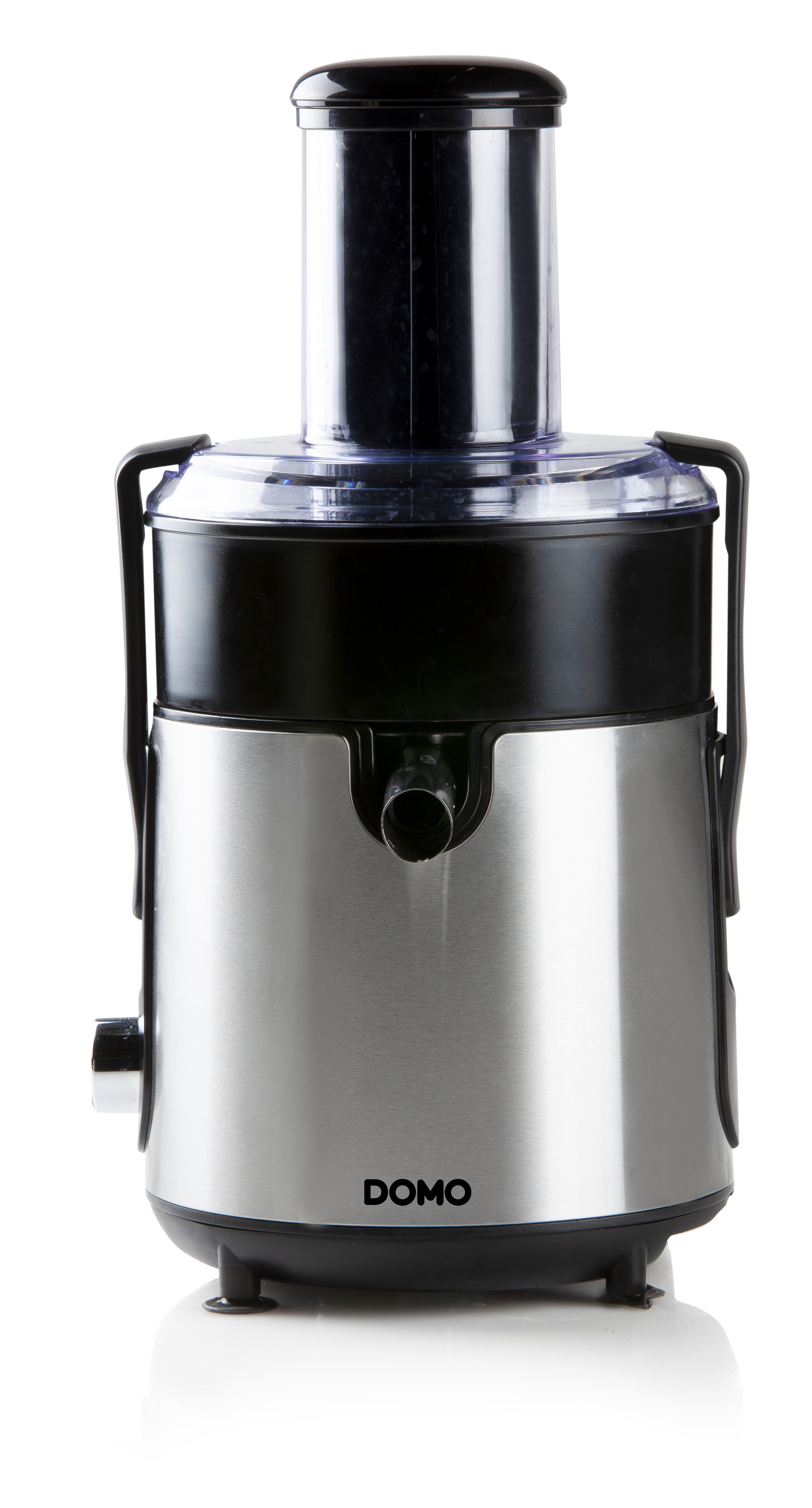 A silver and black juicer. It is sitting on a white surface.