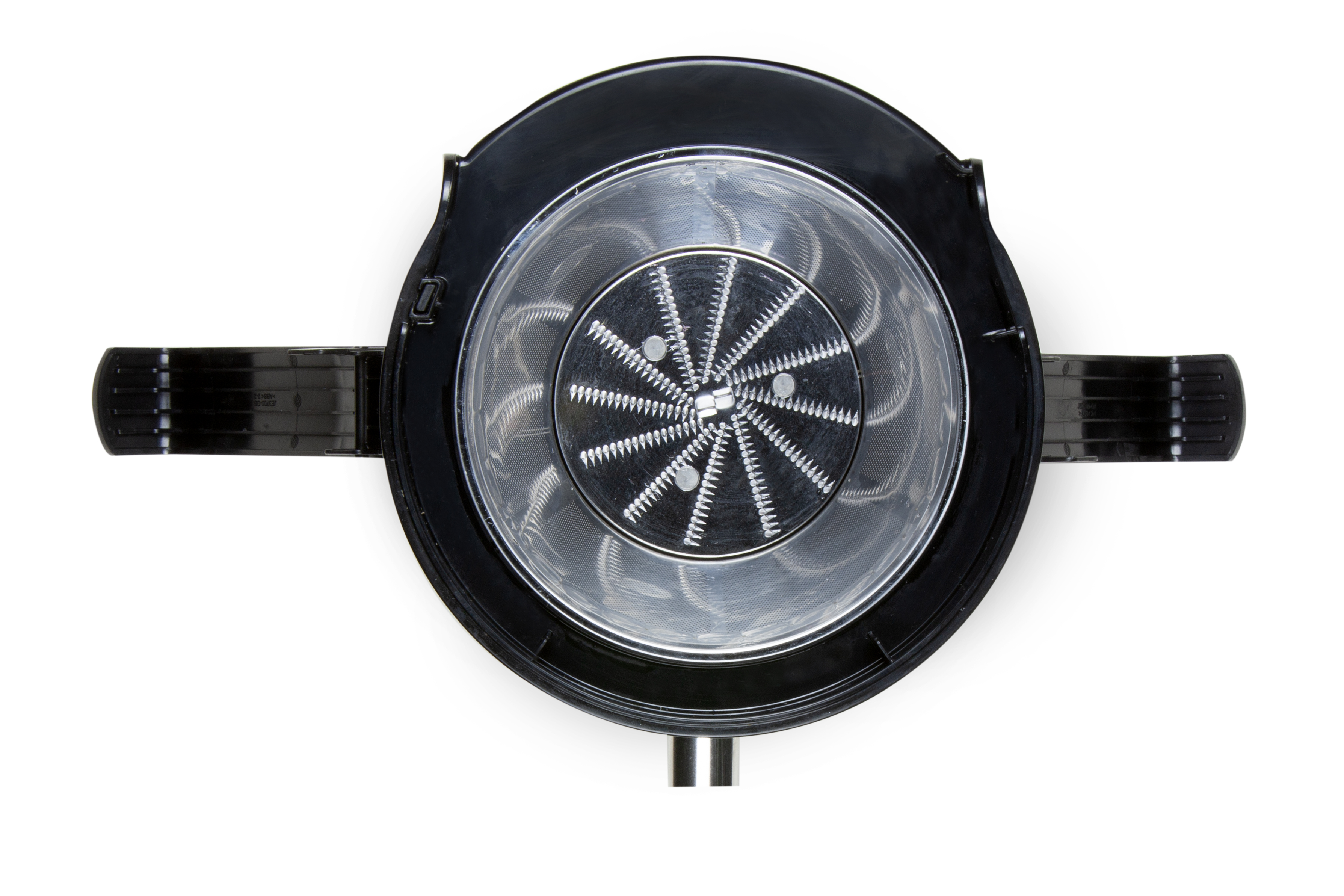 Top view of a black food processor, with a silver blade and a black interior.