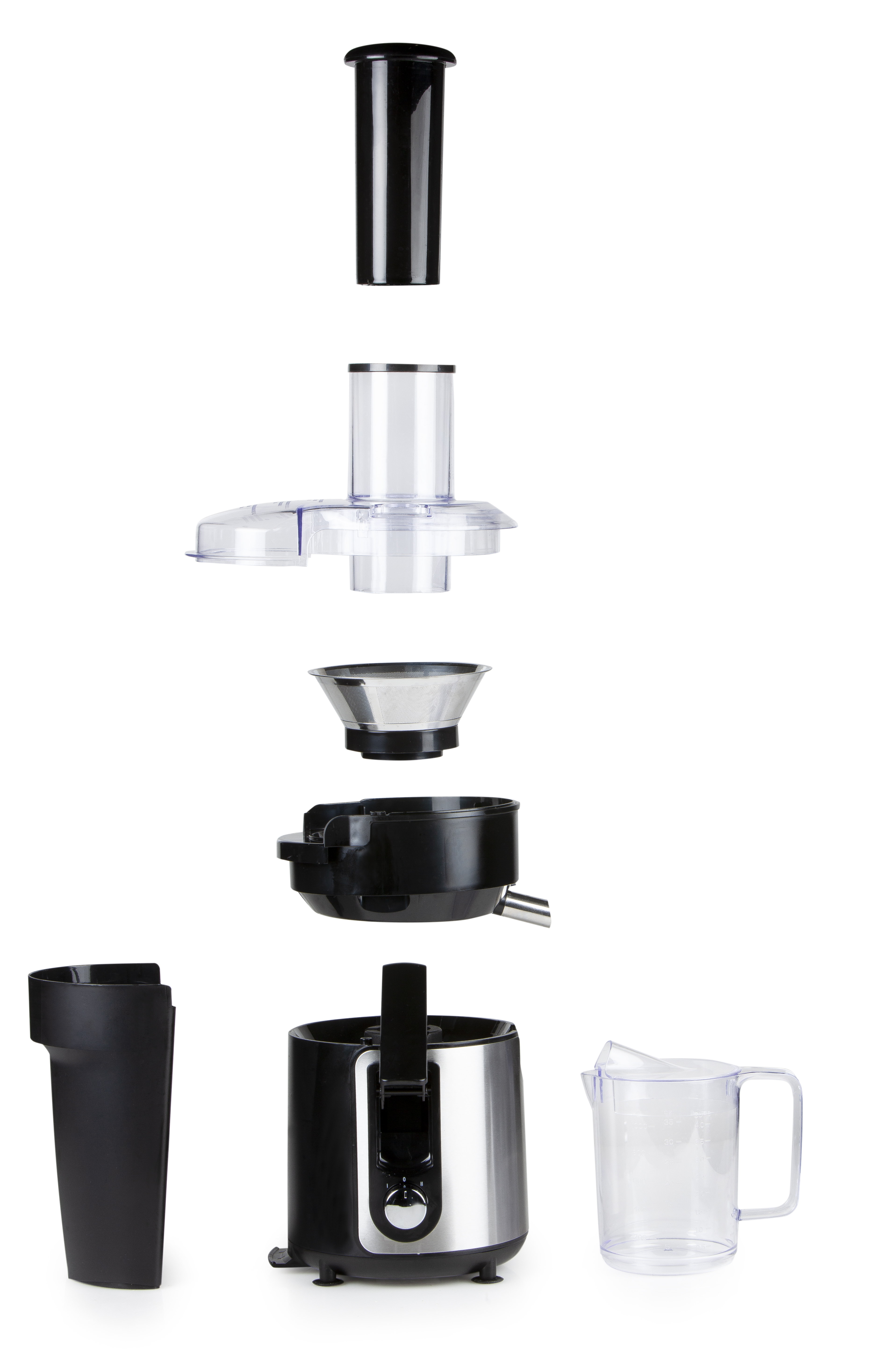 Disassembled juicer, showing parts like the top, filter, and base on a white background.