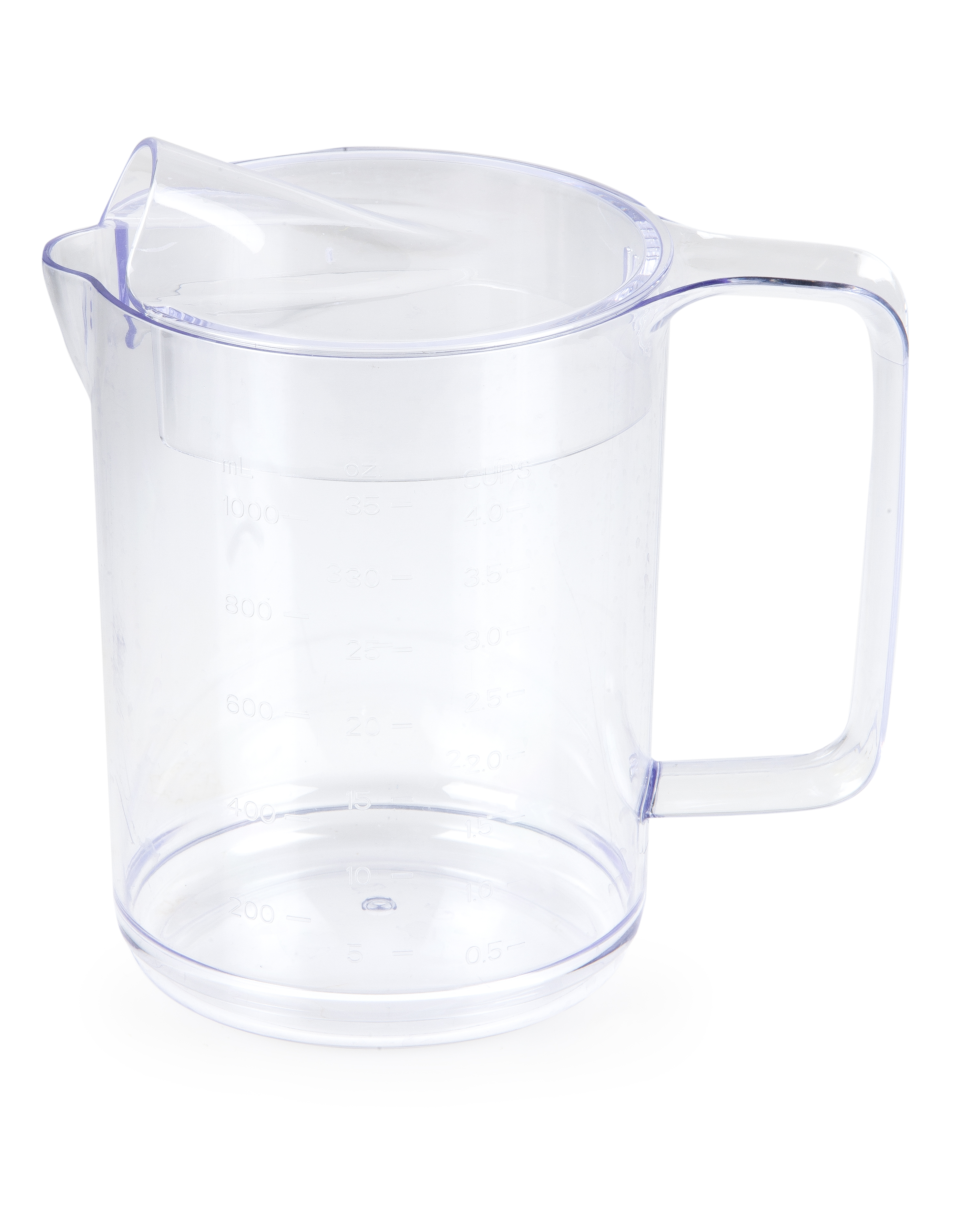 Clear plastic measuring jug with handle. Has measurement markings.
