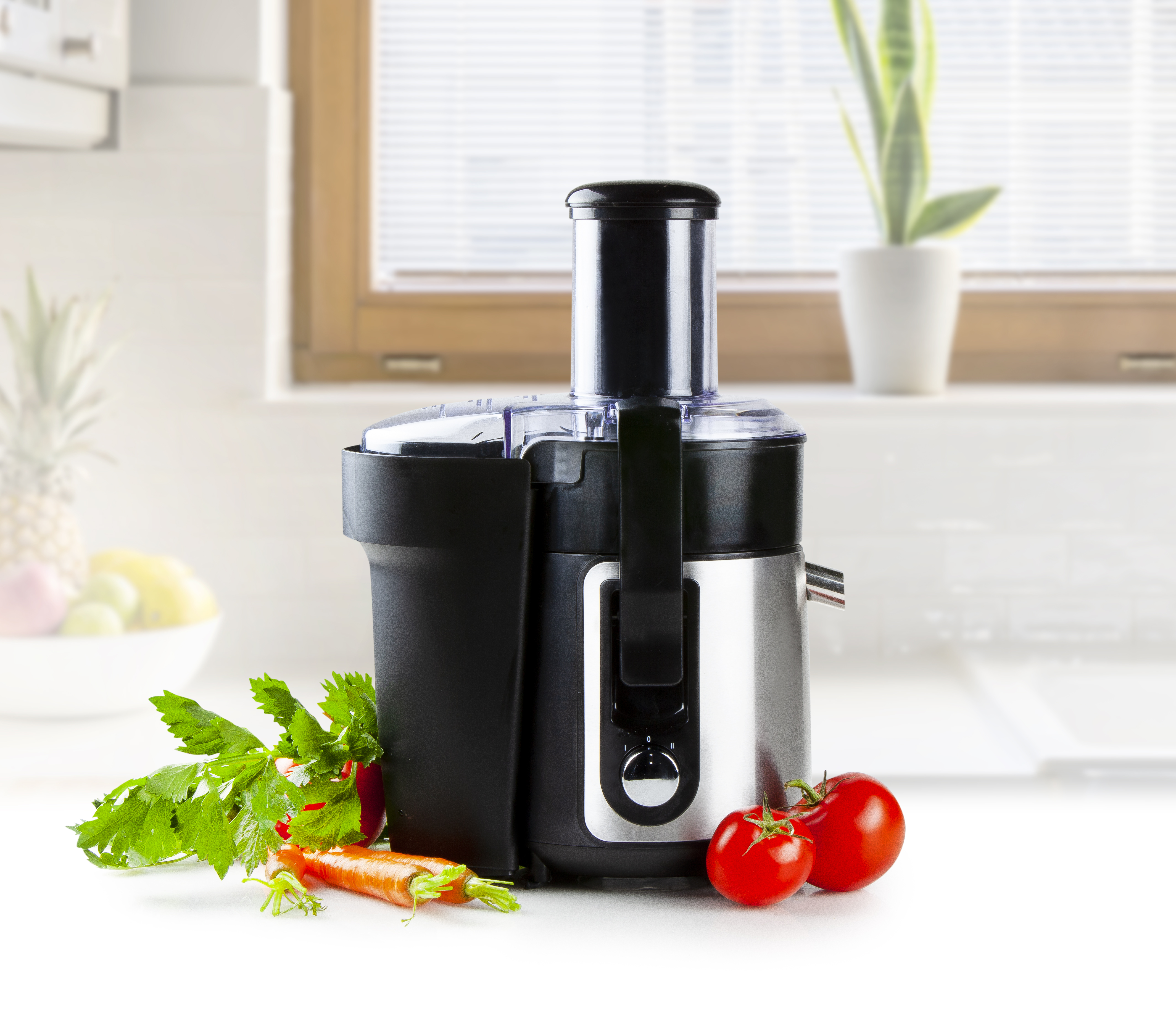 Juicer with vegetables in a kitchen setting. Tomatoes, carrots, and celery are on the counter.