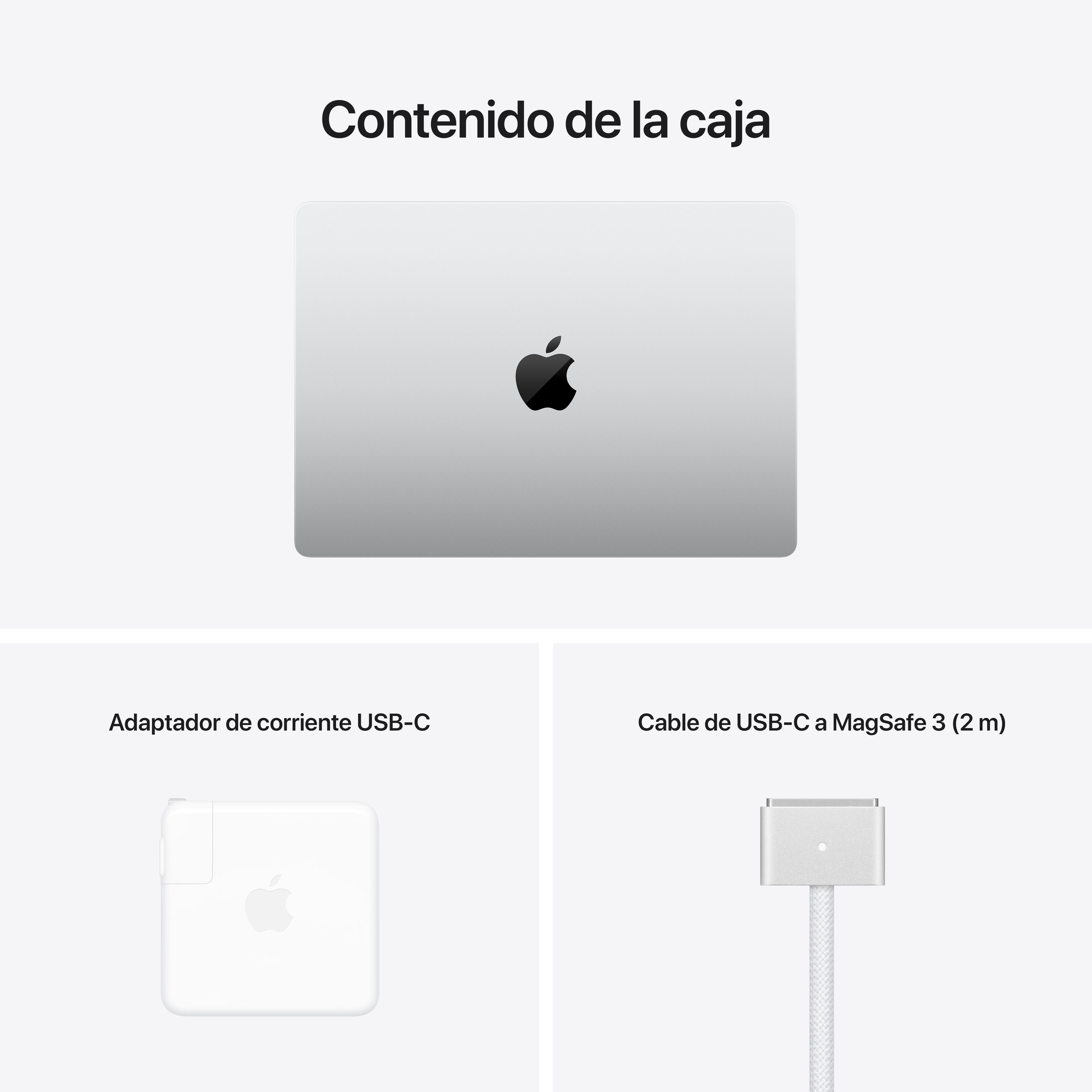 Portátil, adaptador de corriente USB-C y cable USB-C a MagSafe 3 sobre fondo blanco.