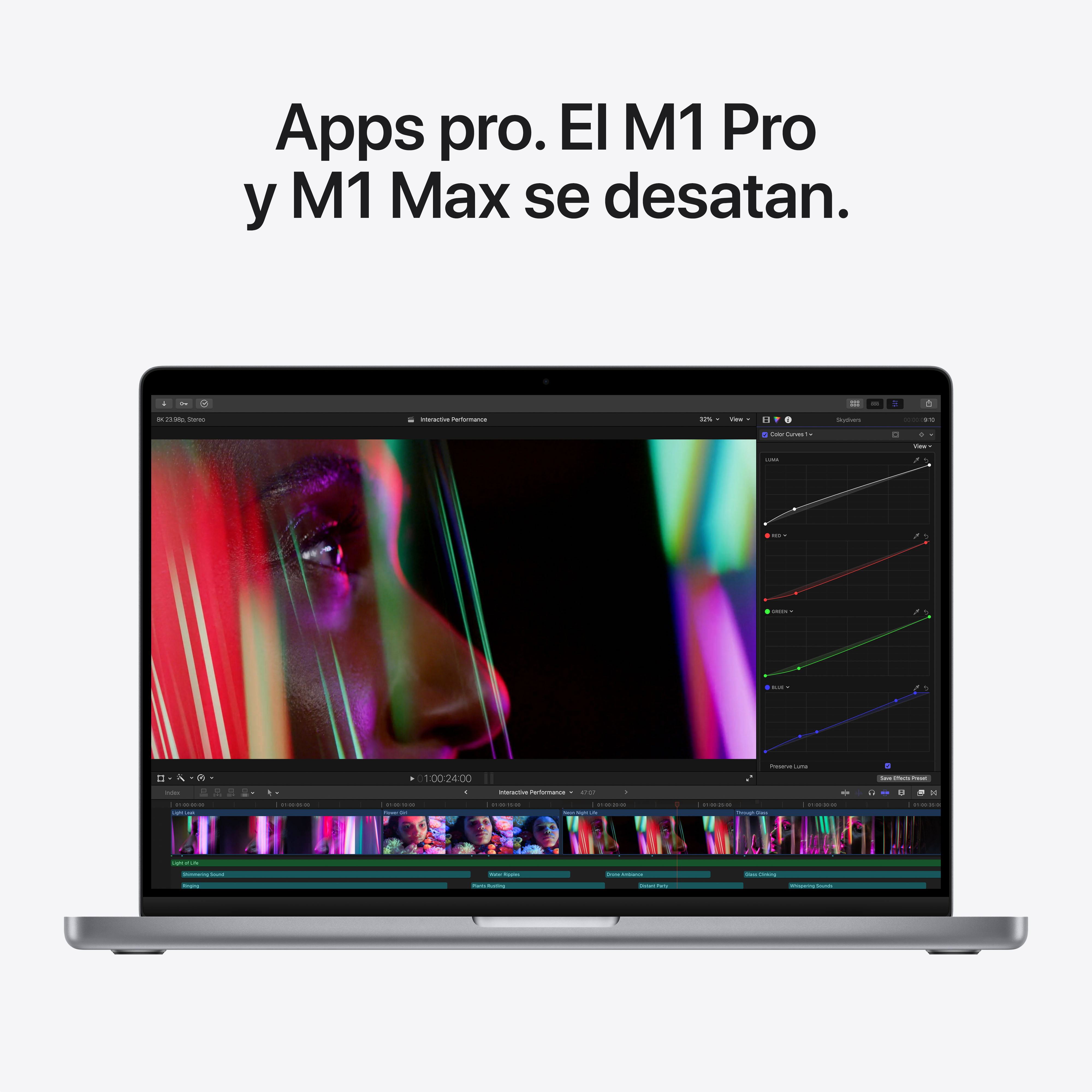 Laptop mostrando interfaz de edición de vídeo. Texto: Apps pro. La pantalla muestra un vídeo.