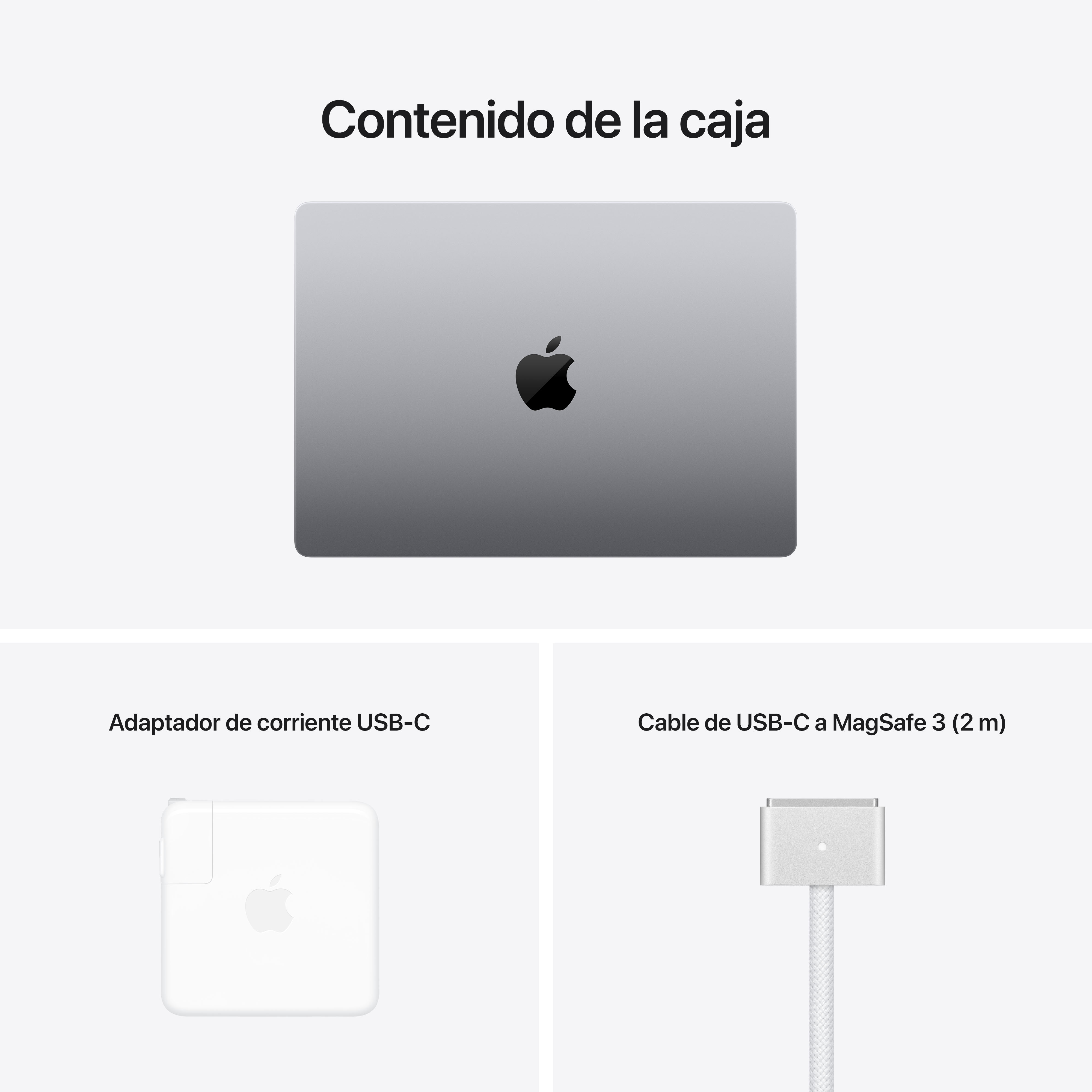 Portátil MacBook, un adaptador de corriente y un cable USB-C a MagSafe.