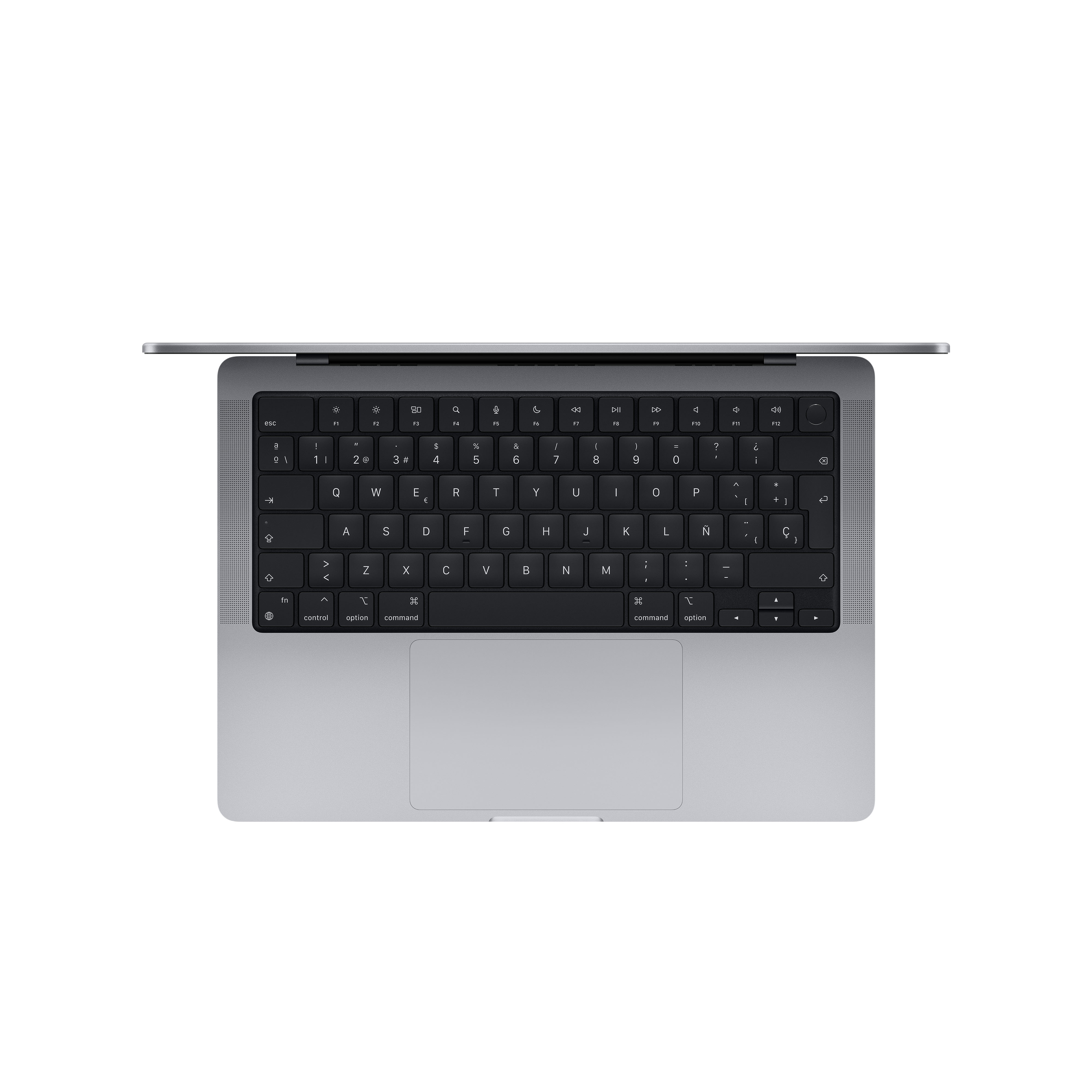 Vista superior de un portátil. Teclado negro con marco plateado y panel táctil.