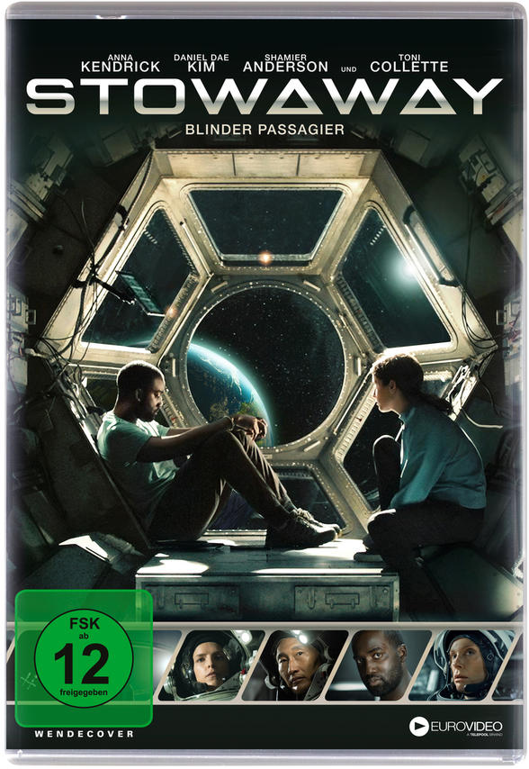 DVD-Cover: Stowaway. Zwei Personen in einem Raumschifffenster. Weltraum und Erde im Hintergrund.