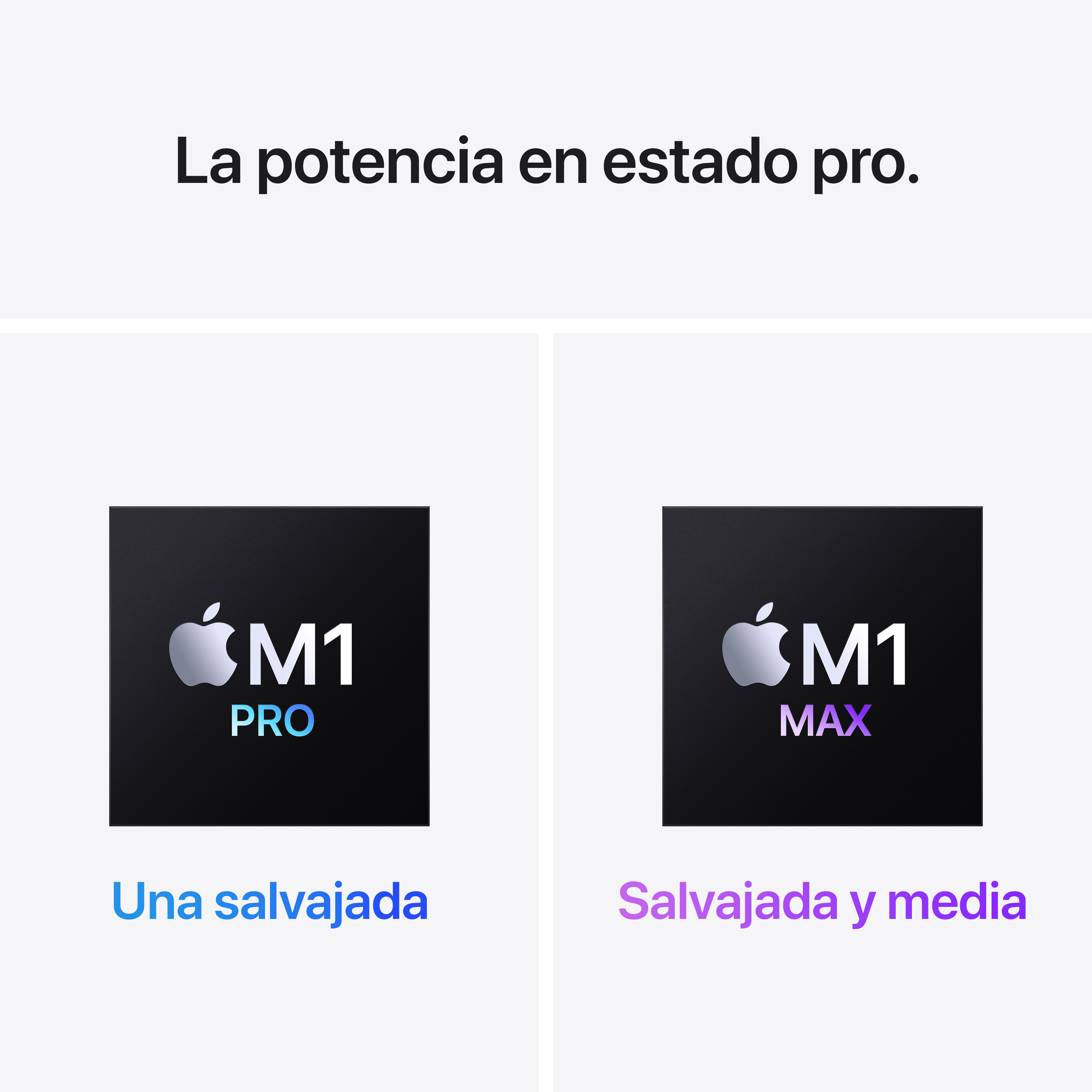 Dos gráficos de chips de Apple con texto: M1 Pro y M1 Max. El fondo es negro.