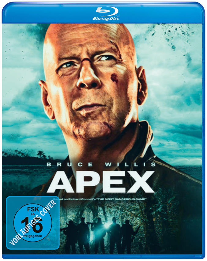 Bruce Willis auf dem Cover des Films 'Apex', mit blauem Hintergrund.