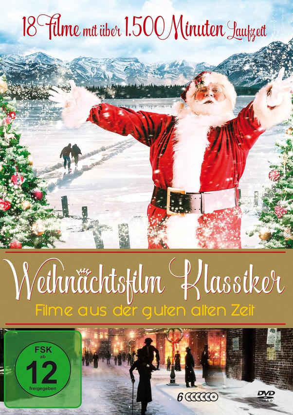 DVD-Cover: Weihnachtsmann, Weihnachtsbäume, See, Berge und Text auf Deutsch.