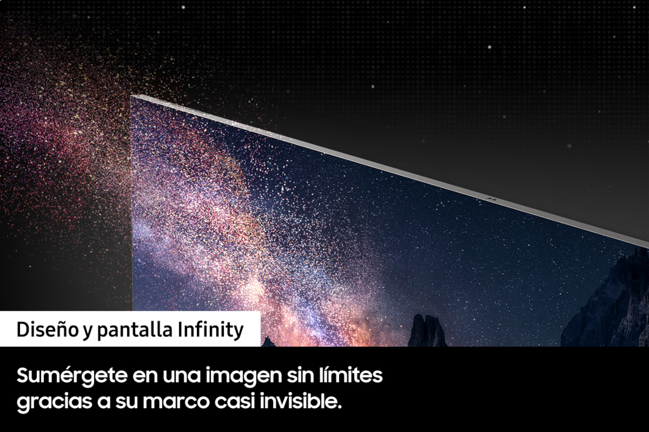 Pantalla de TV mostrando imagen de galaxia con bisel delgado.