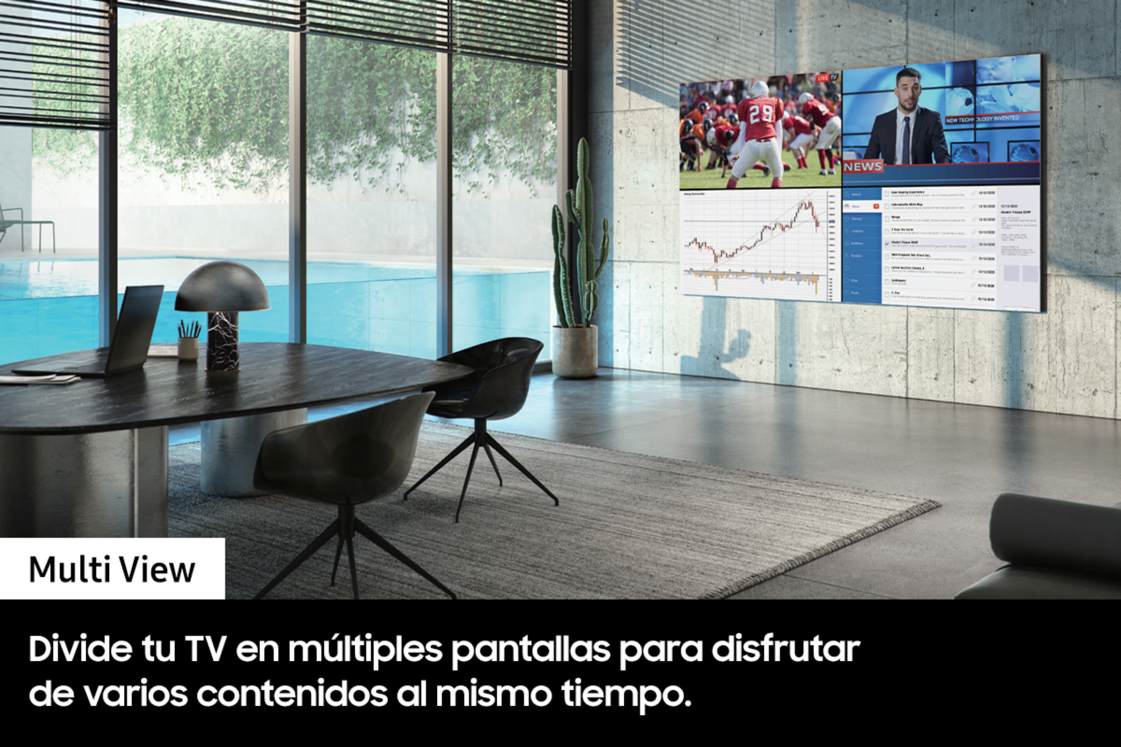 Una oficina moderna con una pantalla múltiple mostrando noticias, deportes y datos financieros.
