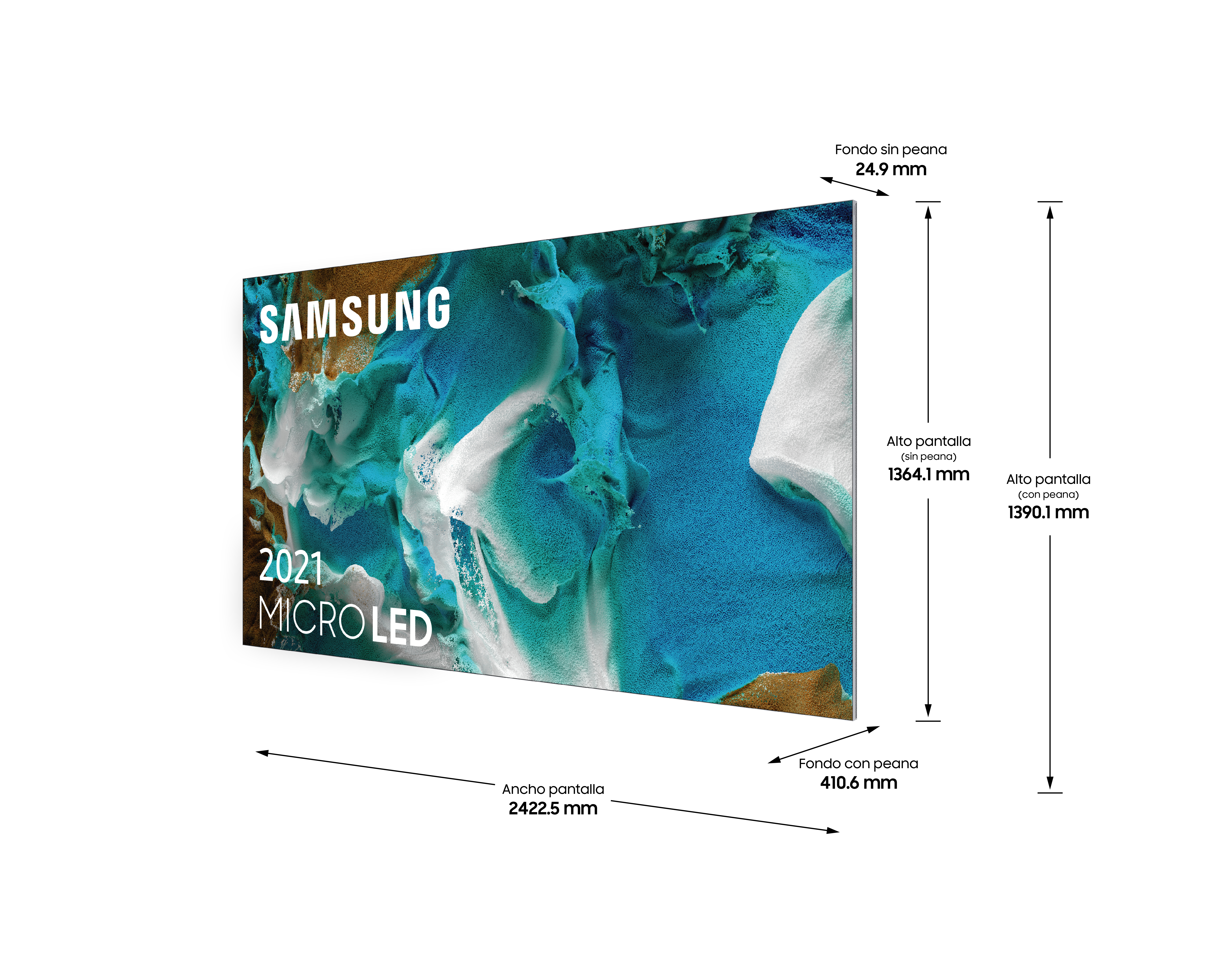 Televisor MicroLED Samsung grande con dimensiones. La pantalla muestra una imagen abstracta colorida.