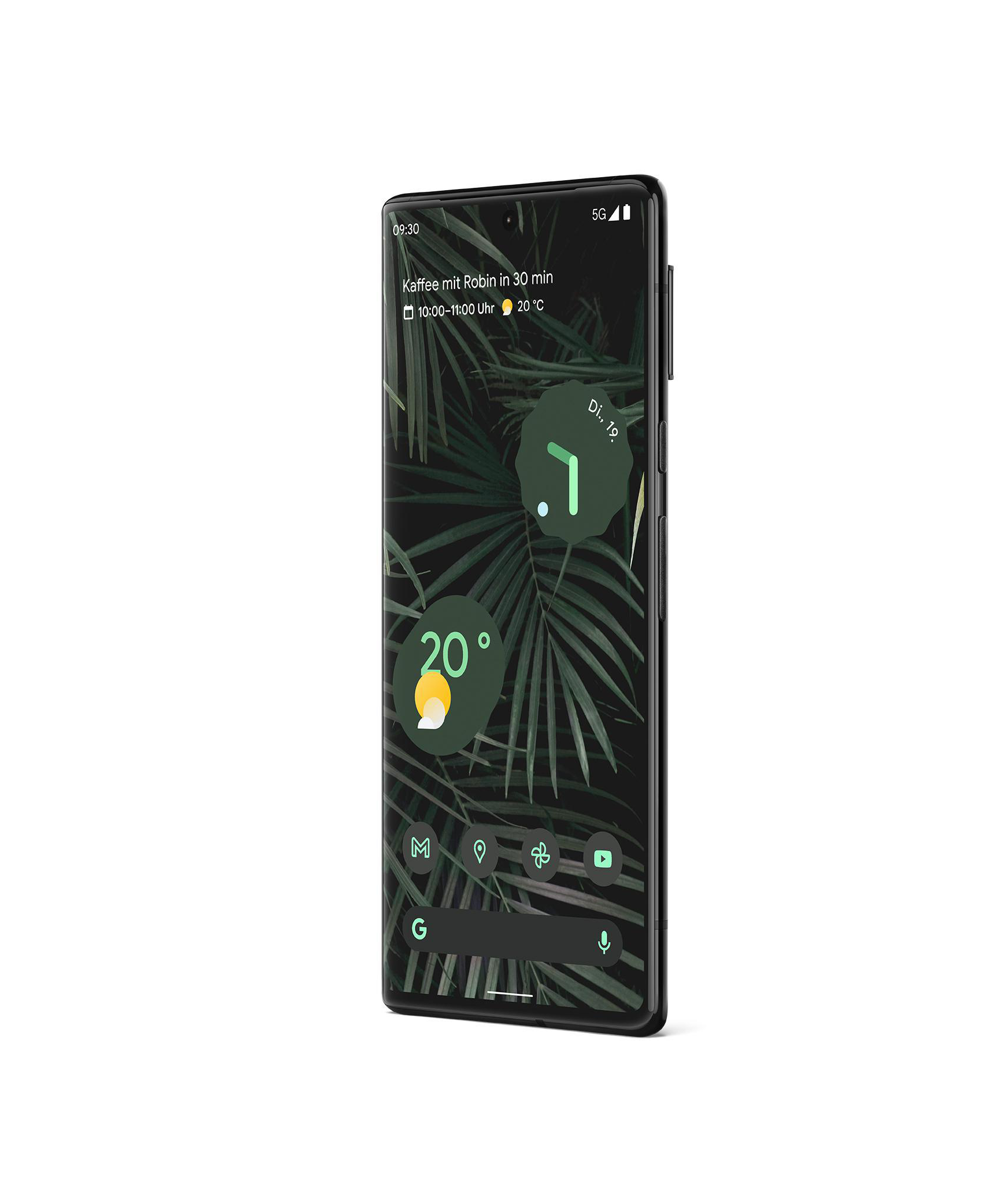 Schwarzes Telefon, Display zeigt Kalender, Wetter und Uhrzeit. Weißer Hintergrund. Modernes Design.