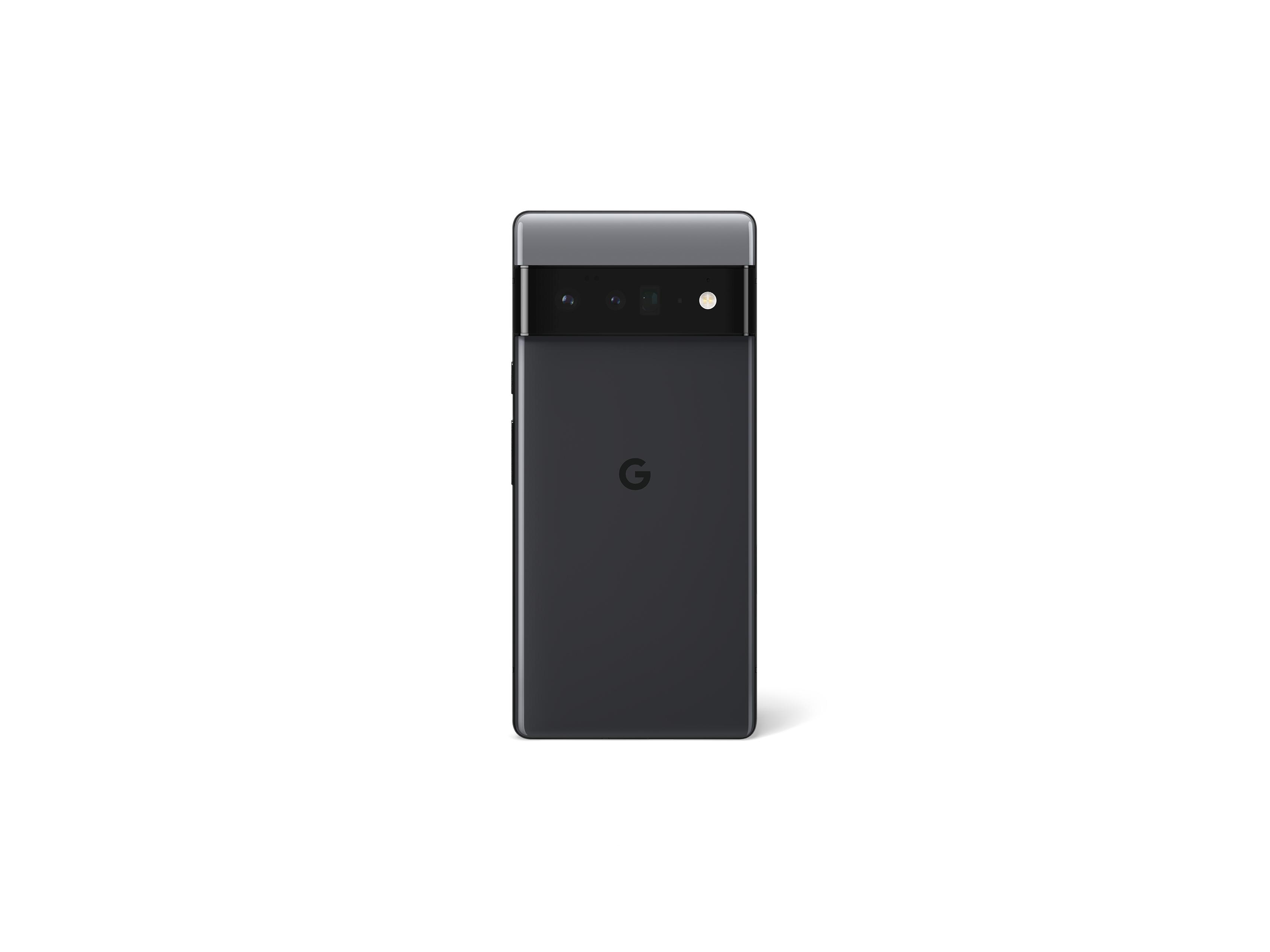 Schwarzes Google Pixel-Telefon mit Dual-Kamera-Setup auf weißem Hintergrund.