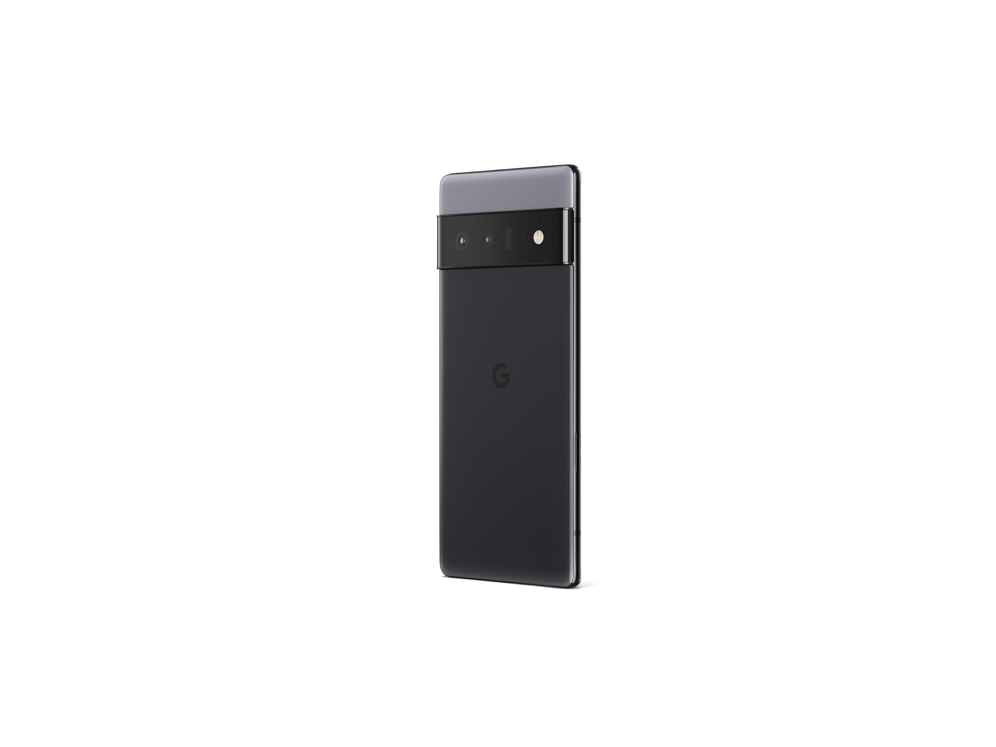 Schwarzes Google Pixel-Handy, Rückansicht. Kameraleiste oben, Google-Logo in der Mitte.