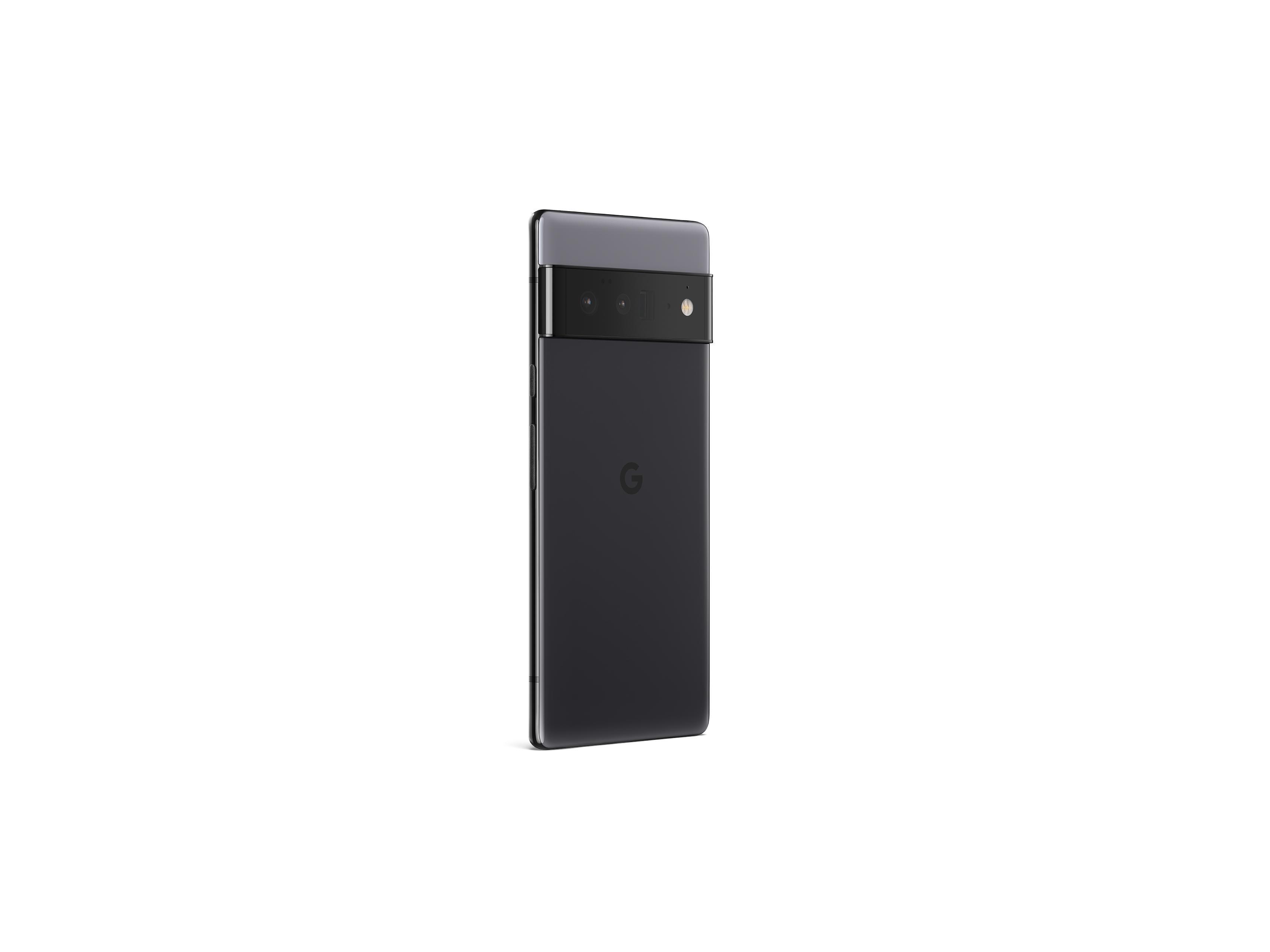 Schwarzes Google Pixel Telefon, Rückansicht, mit Kameraleiste.