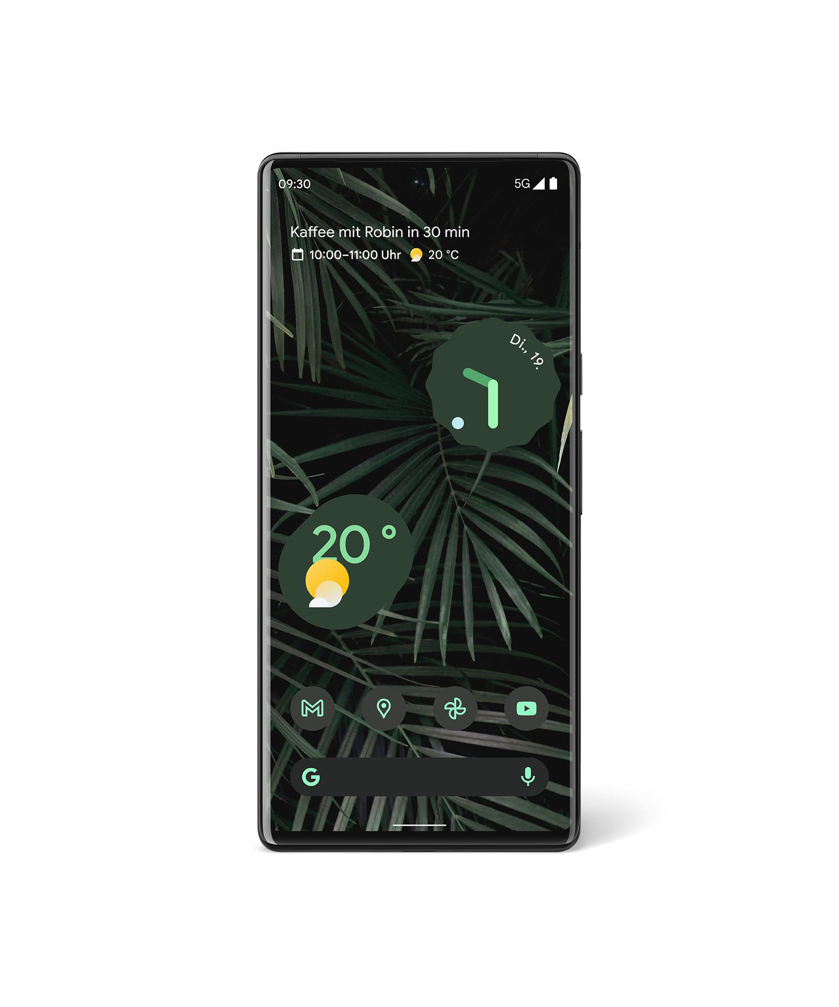 Ein Smartphone, das eine Wetter-App mit einem Hintergrund aus grünen Blättern anzeigt.