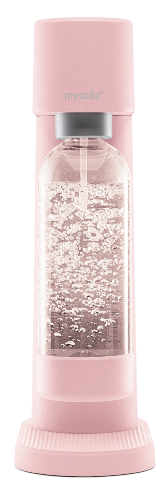 Roze sodamaker met een doorzichtige fles. De fles is gevuld met bubbels.