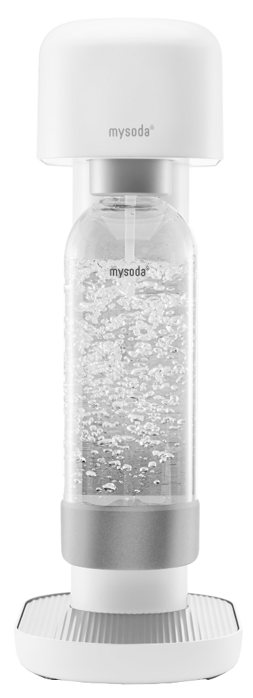 Witte sodamaker met transparante fles vol bellen en witte basis.