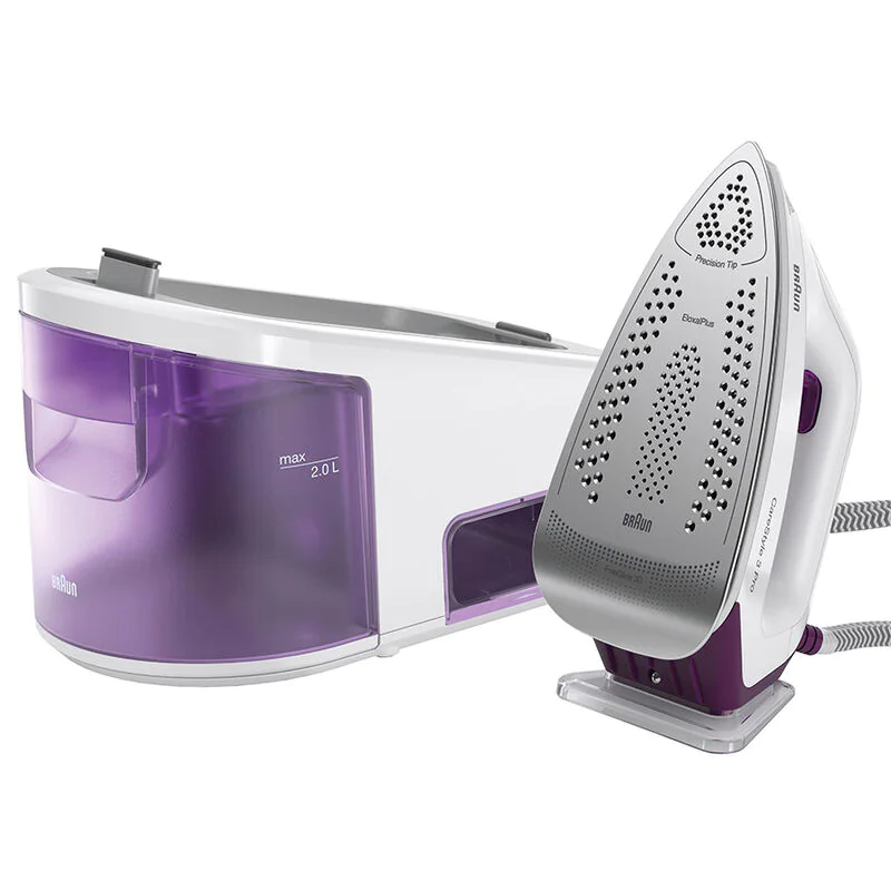 White and purple iron with a water tank. Ironing surface, tank, and a white background are visible.