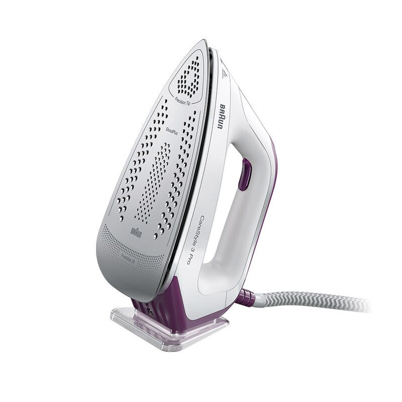White and purple iron. The iron is angled towards the camera on a white background.