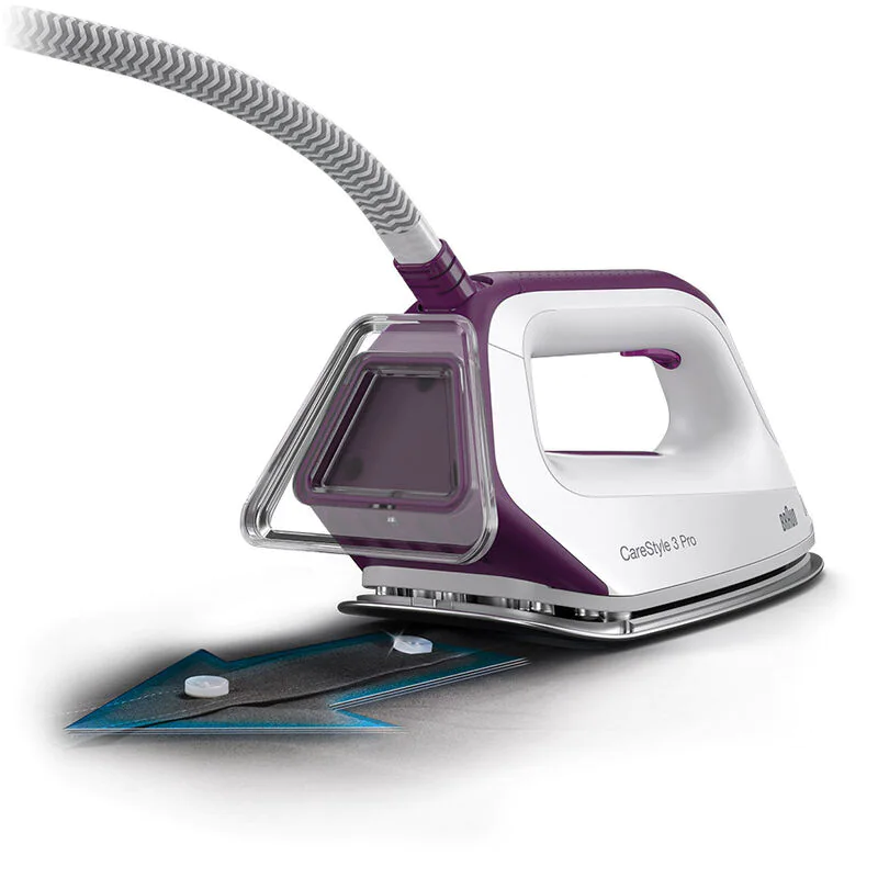 Braun CareStyle 3 Pro iron with purple and white design. Includes a descaling element.