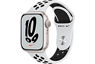 APPLE Watch Series 7 Nike (GPS) 41mm Smartwatch Fluorelastomer, 130 - 200 mm, Armband: Pure Platinum/Schwarz, Gehäuse: Polarstern