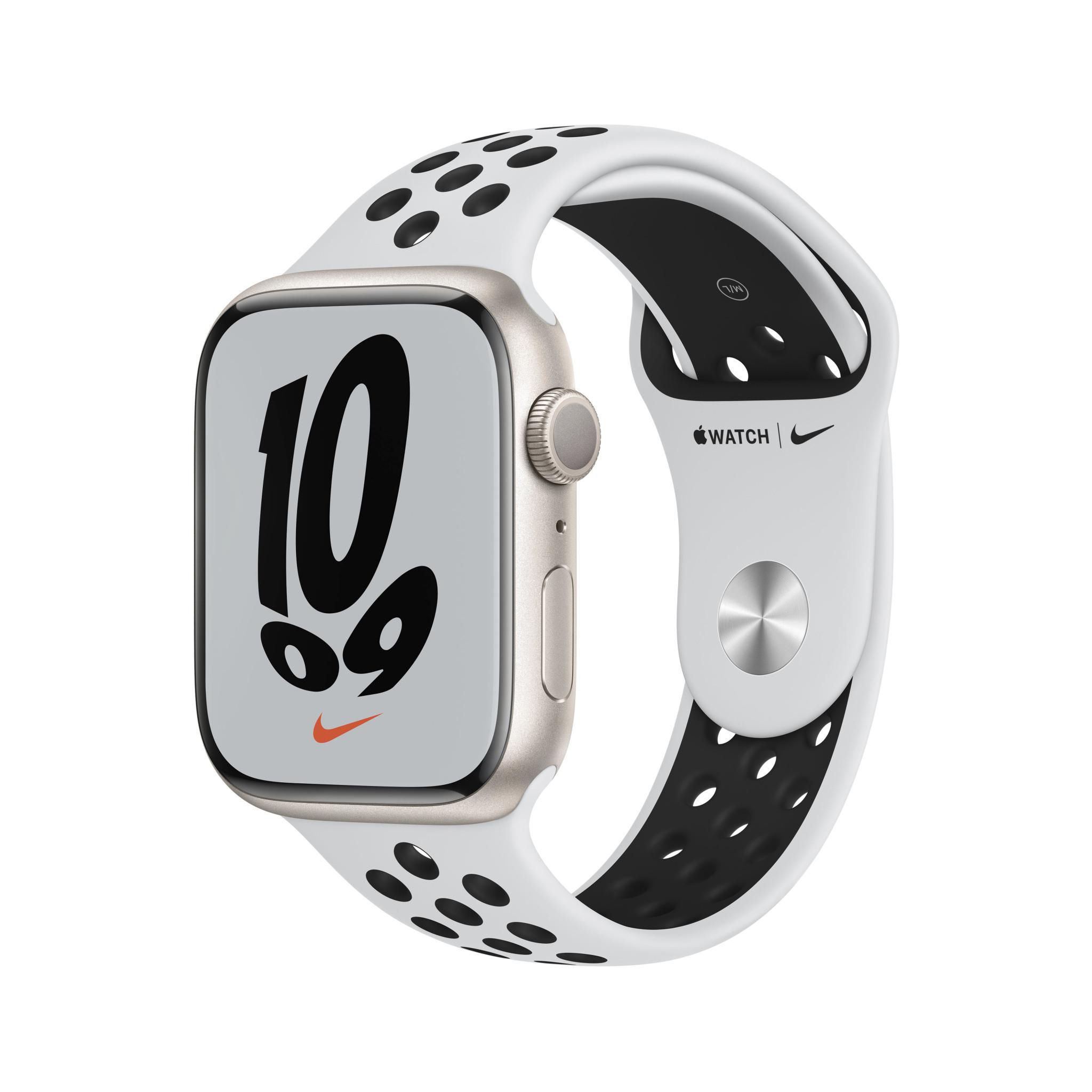 Apple Watch Series 7 mit weißem Band und schwarzen Akzenten, zeigt die Uhrzeit 10:09.