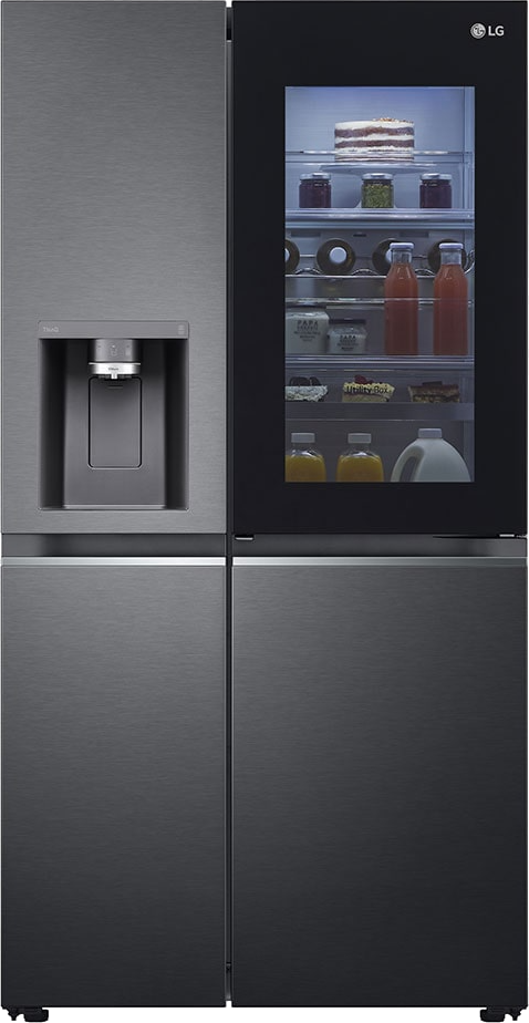Réfrigérateur LG en acier inoxydable avec porte transparente et distributeur d'eau.