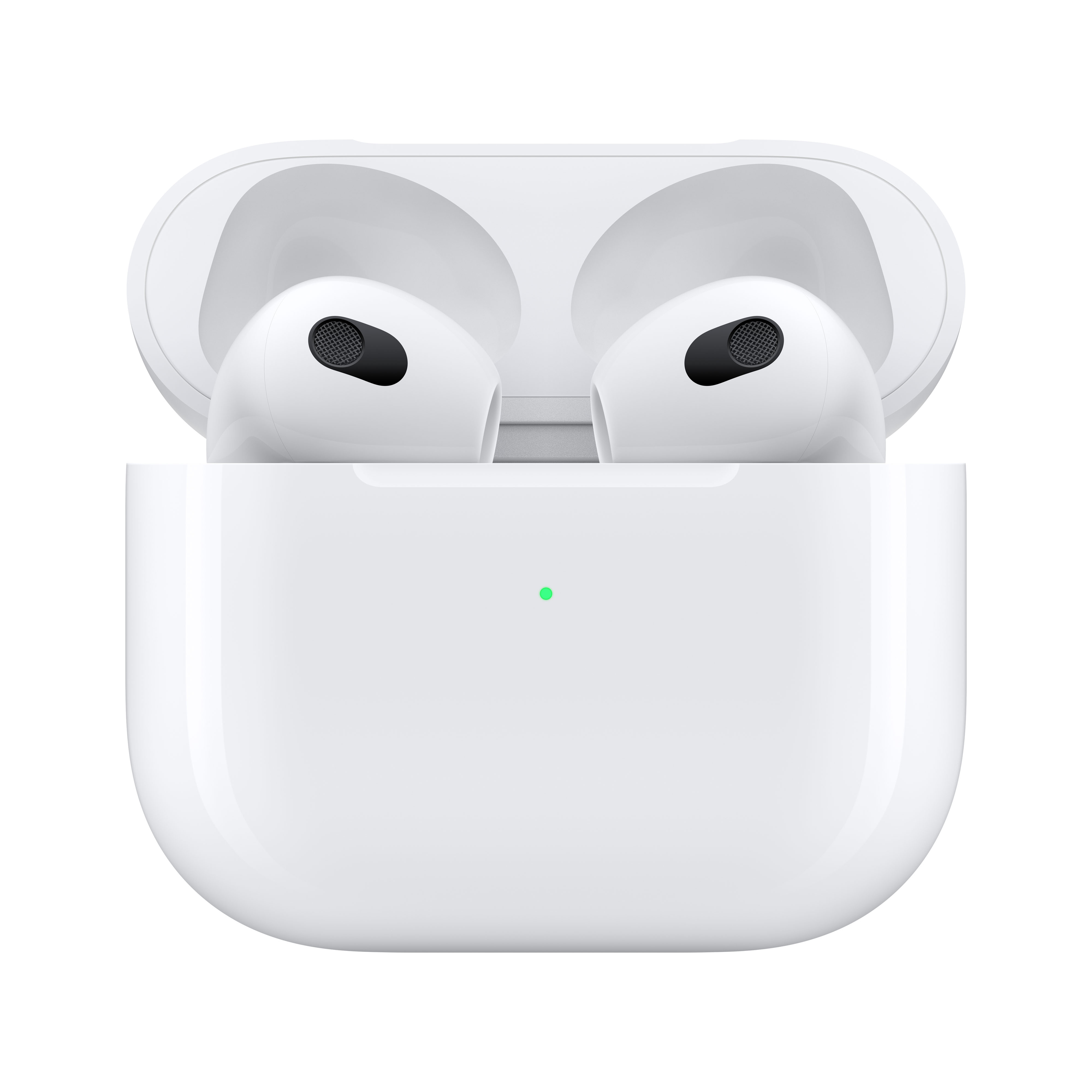 AirPods Pro blancos de Apple en su estuche de carga, abiertos para mostrar los auriculares.
