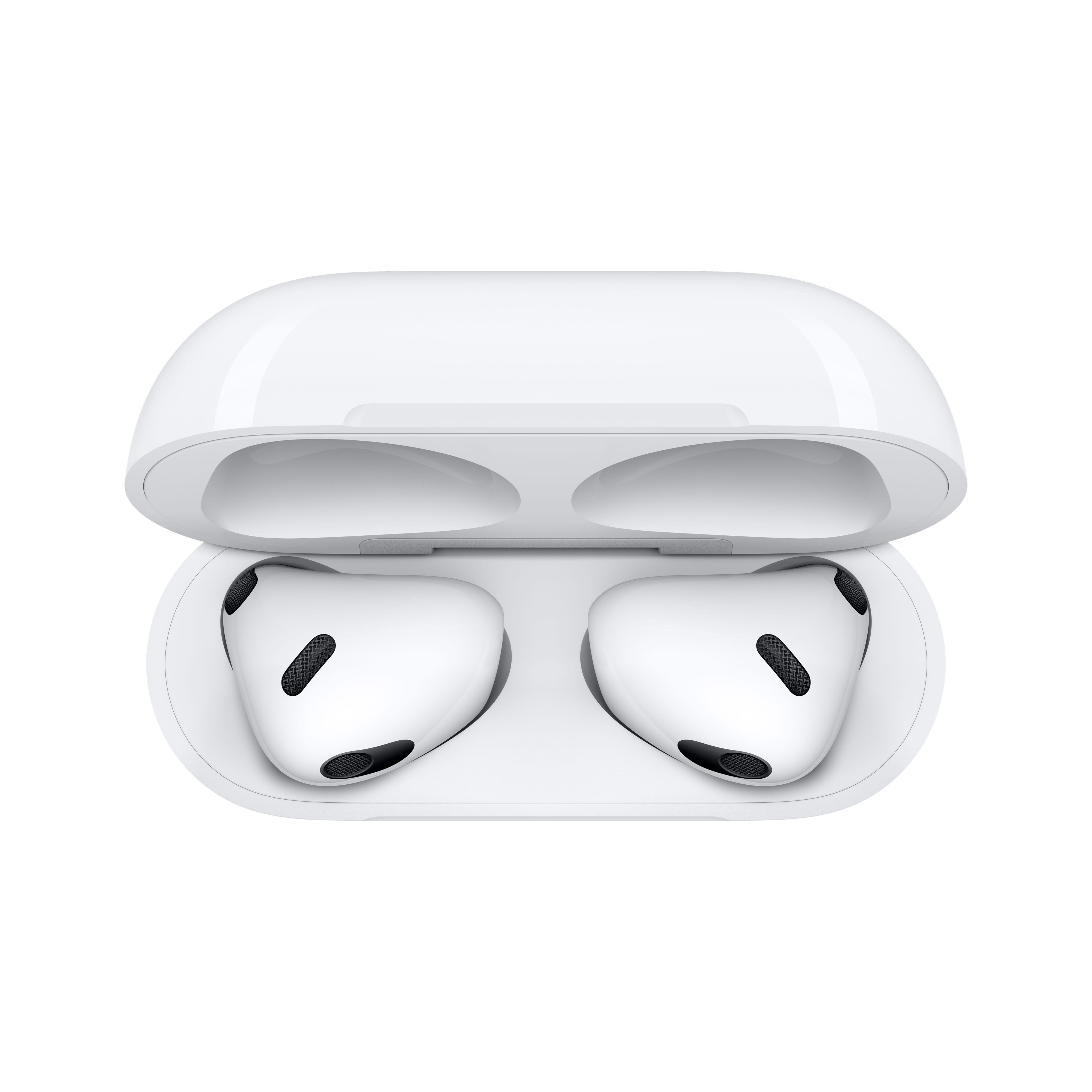 AirPods blancos en estuche abierto. Rejillas negras. Fondo blanco.