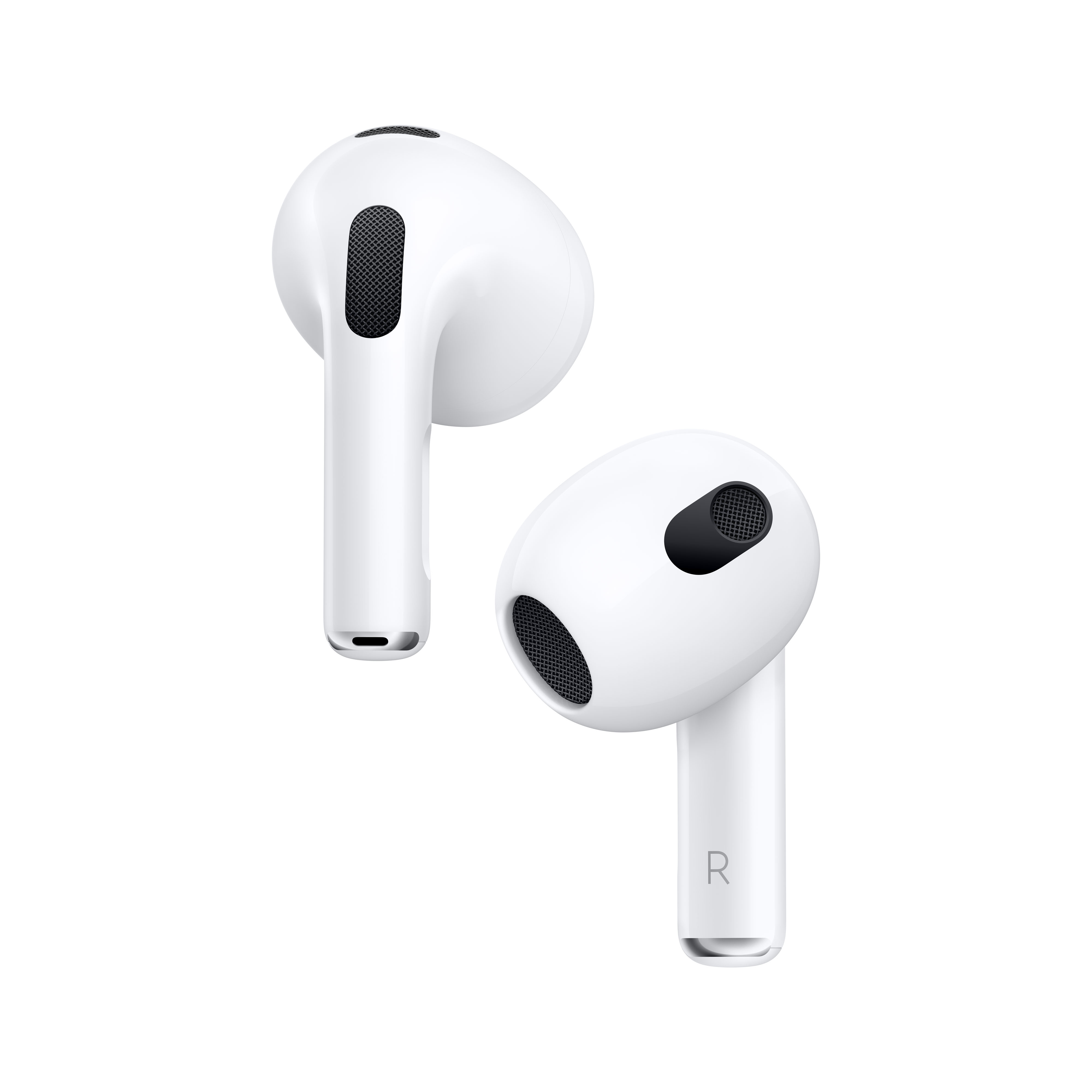 Dos AirPods blancos de Apple sobre un fondo blanco.