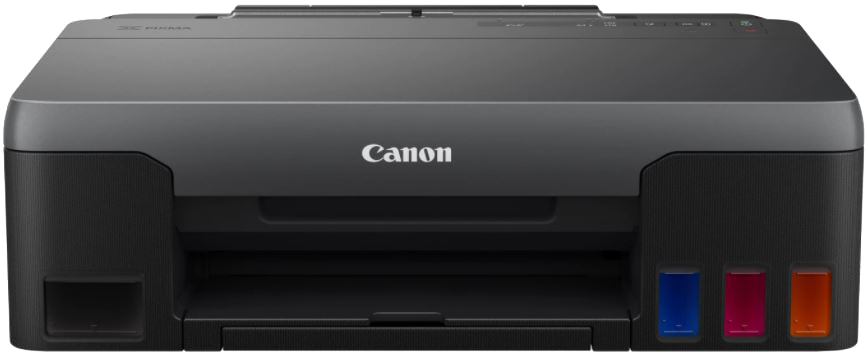 Egy fekete-szürke Canon nyomtató, látható színes tintapatronokkal. Fekete háttérrel.