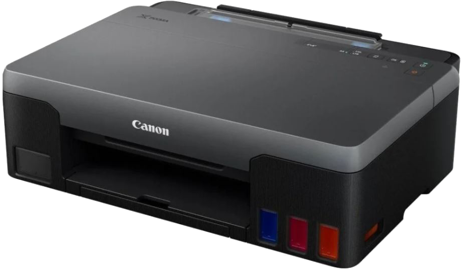 Canon nyomtató látható tintatartályokkal, fekete-szürke színben, fehér felületen.