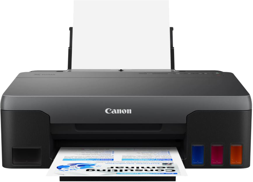 Canon nyomtató, amely egy dokumentumot nyomtat. A tintapatronok láthatók. A nyomtató fekete és szürke.