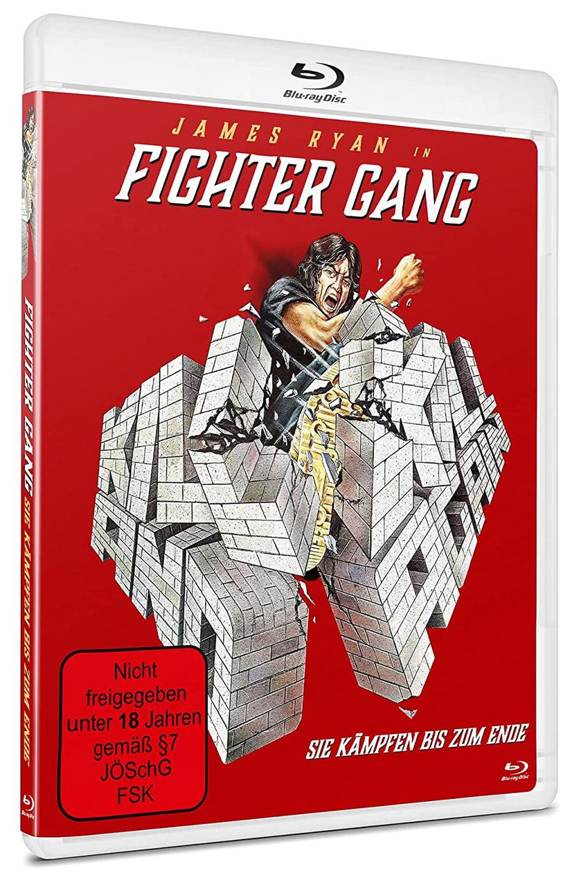 Blu-ray-Hülle mit Filmtitel "Fighter Gang" und Ziegel-Text, ein Mann in Aktion, roter Hintergrund.