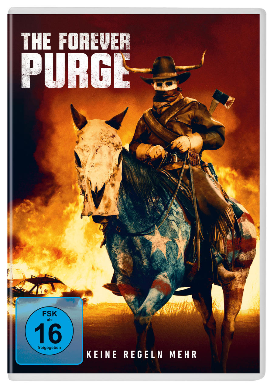 The Forever Purge DVD-Cover, ein Cowboy auf einem Pferd mit Totenkopfmaske.